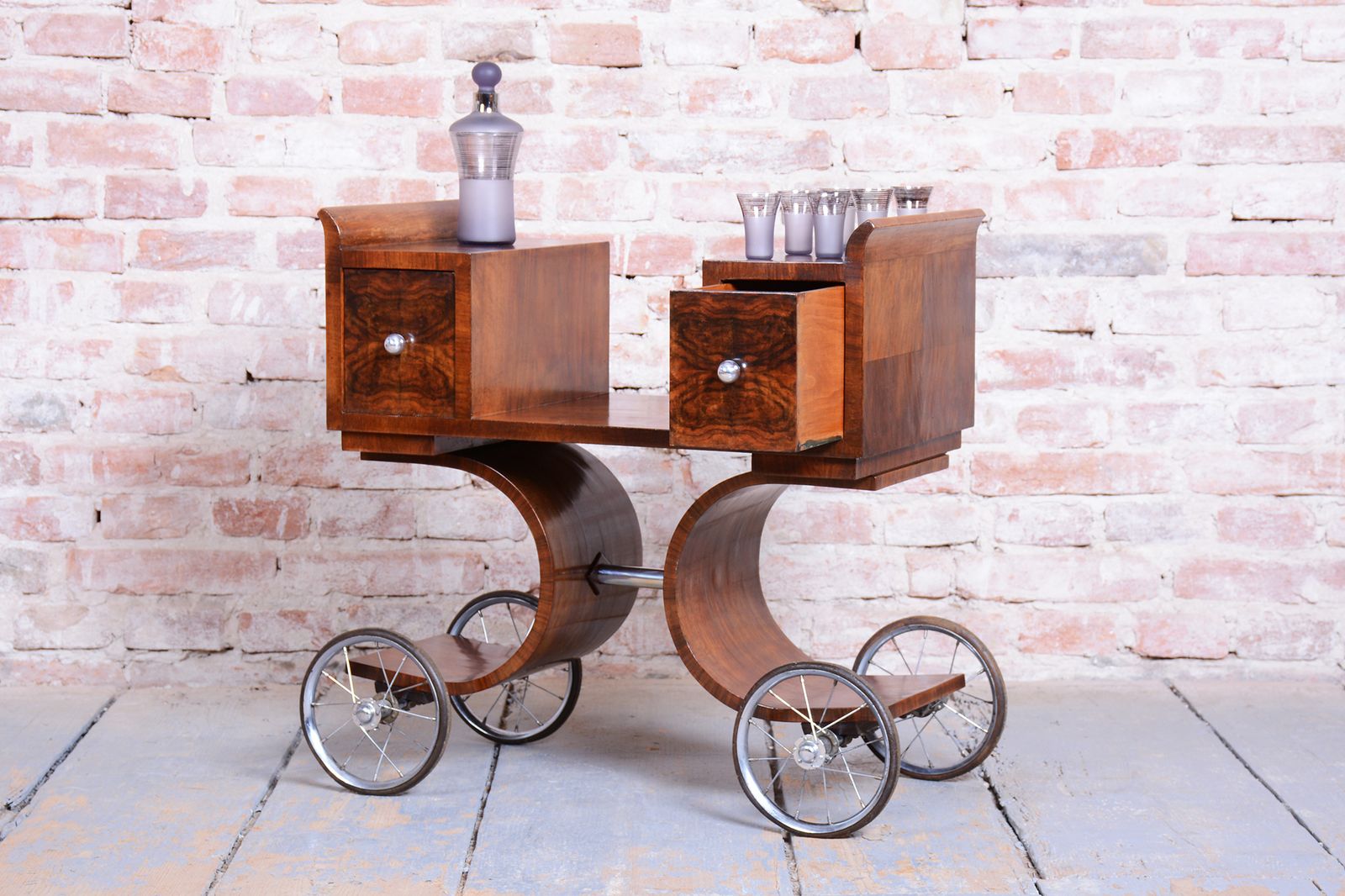 1700.0 Restored Art Deco Serving Trolley, Walnut, Revived Polish, France, 1920s photo