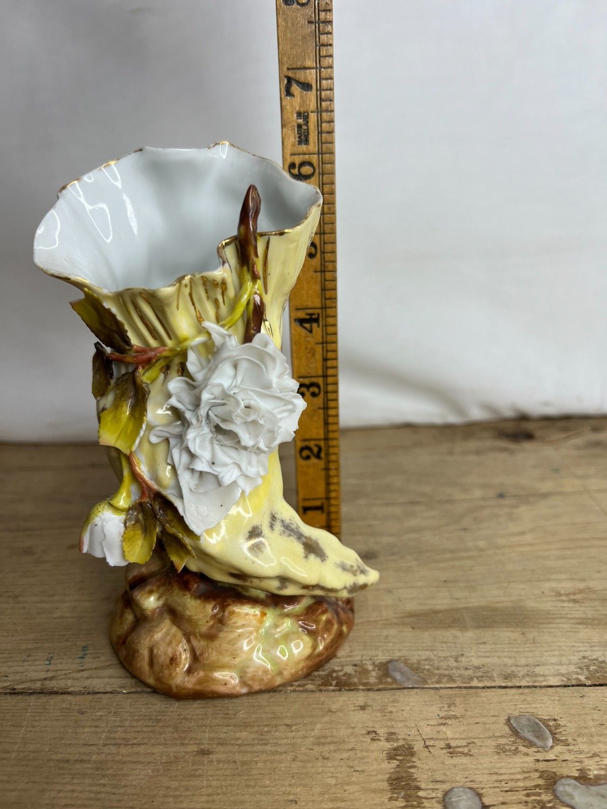 photo for sale Antique Porcelain Cornucopia Shell Vase Brown And Yellow Je 476 Good Condition