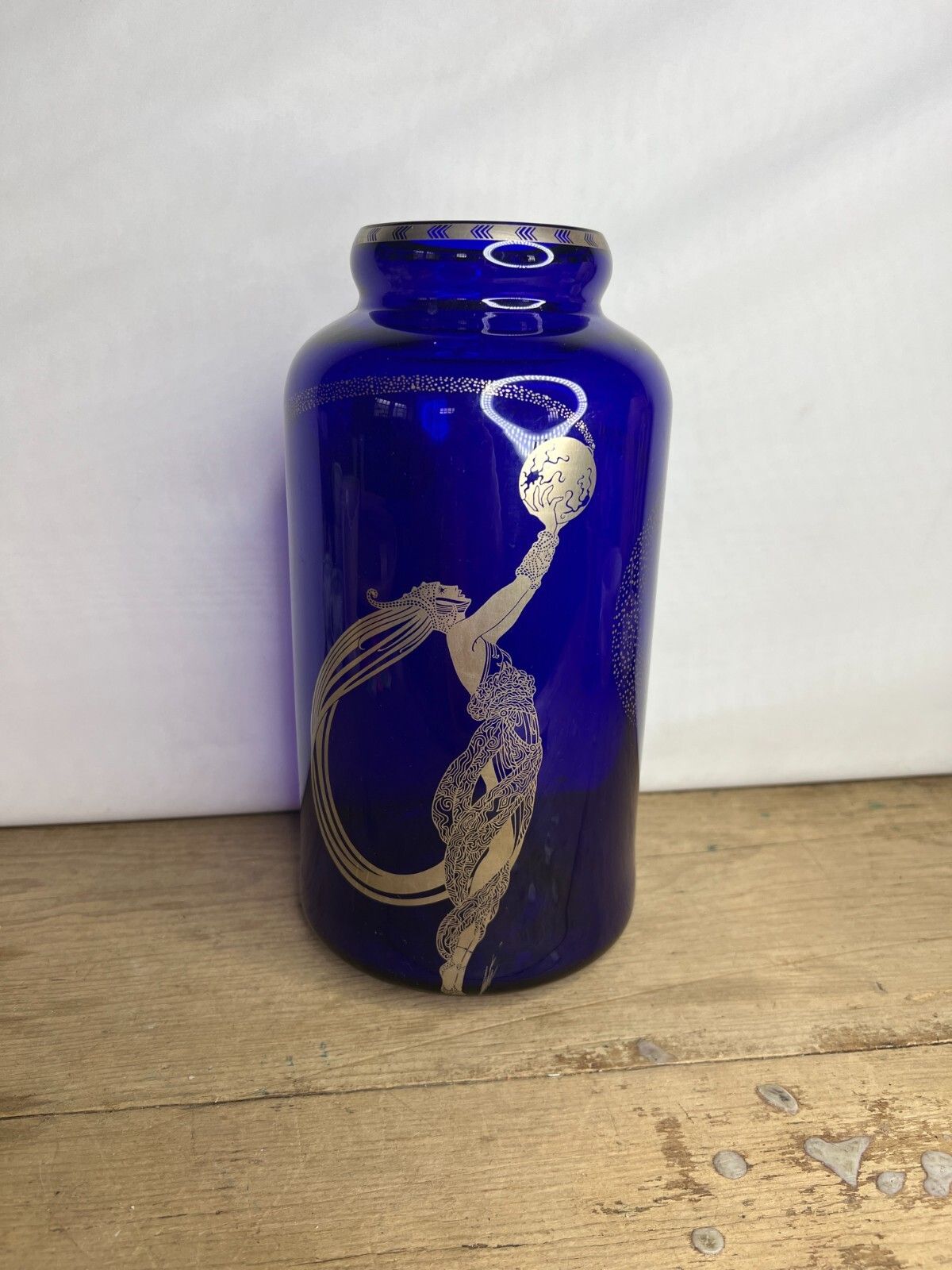 Vintage Erte Fireflies Cobalt Blue Vase Jar Approx 10" Height 1988 Franklin Mint
