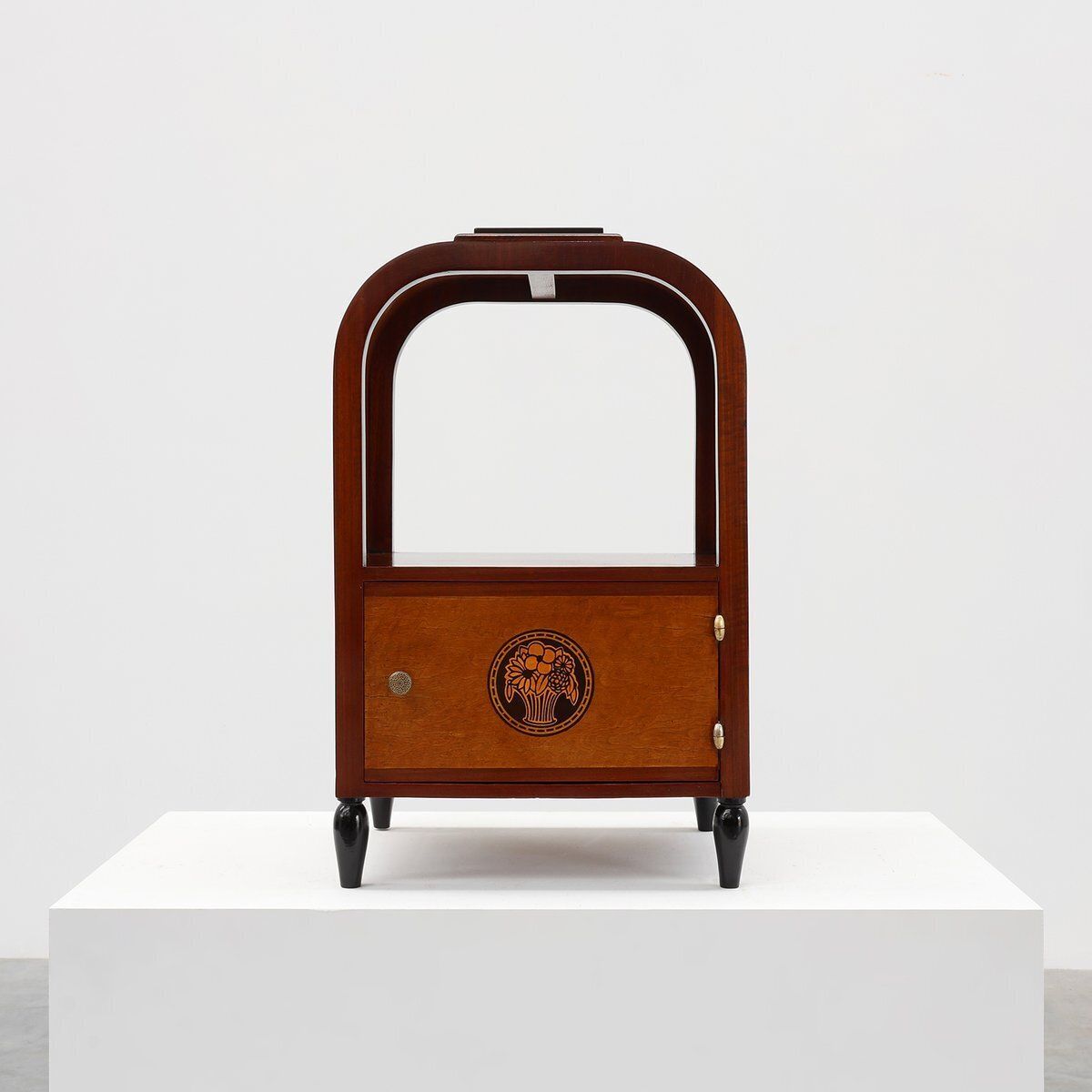 Art Deco Arched Side Table With Storage Unit And Black Marble Top, France, 1920s