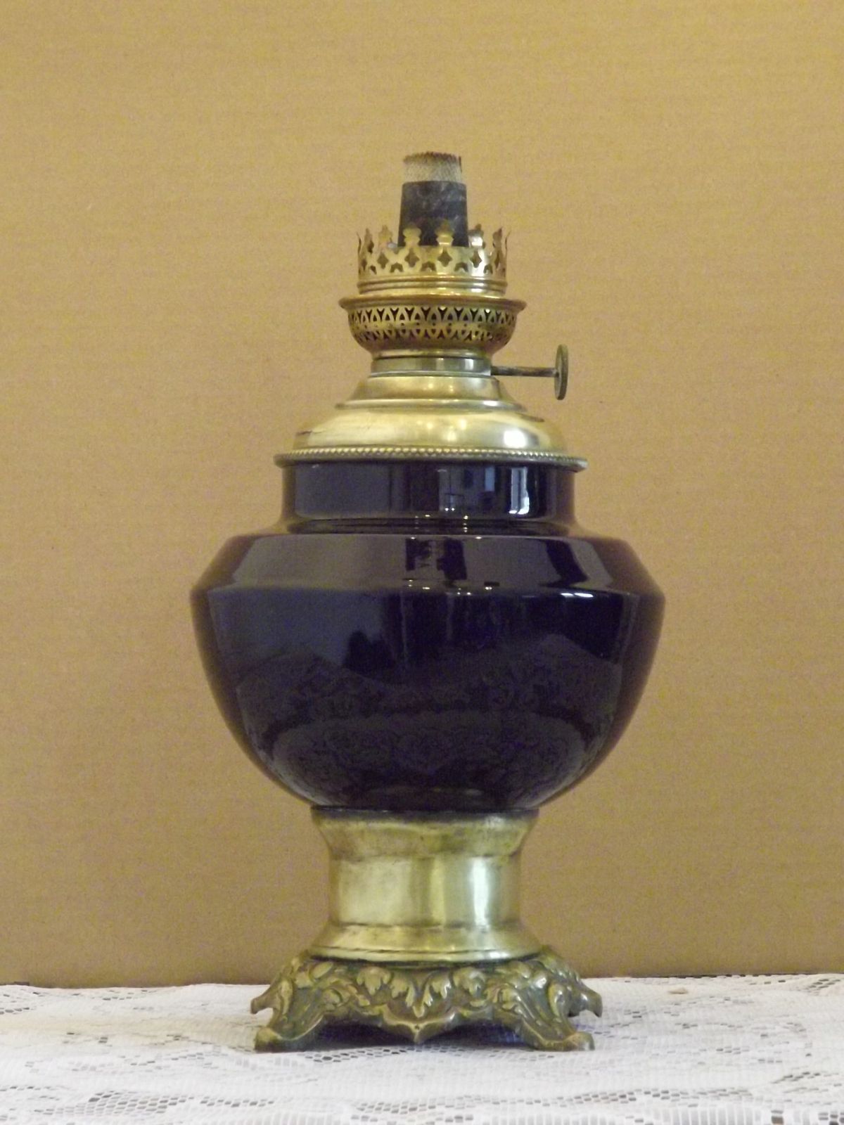 Antique French Kerosene Lamp Base W+W Kosmos Burner Cobalt Blue Ceramic & Brass Ornate Leaf Footed Oil Lamp