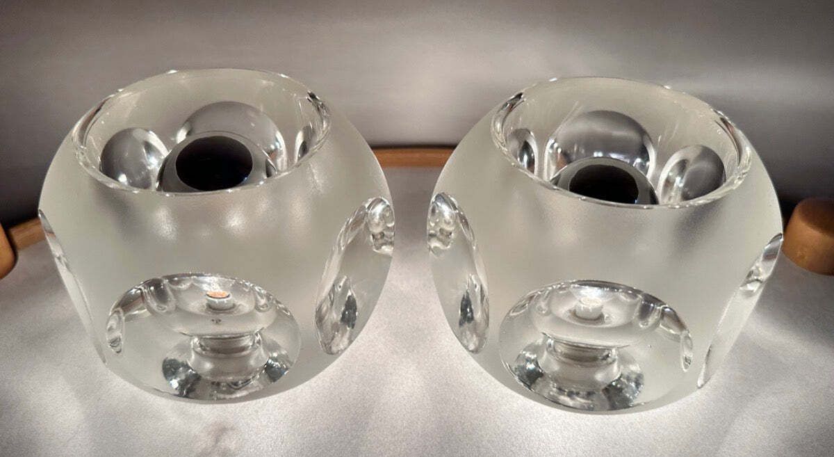 Pair Of 1970s German Peill & Putzler Frosted & Clear Concave Glass Round Table Lamps photo 395.0