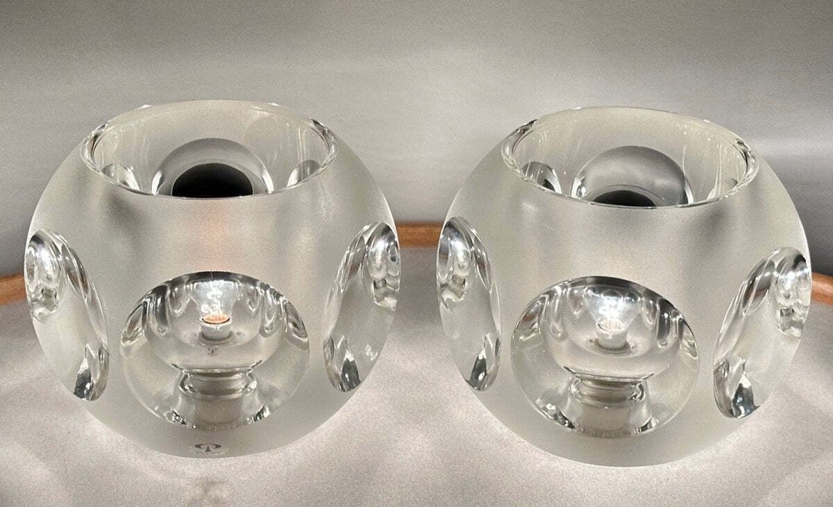 Pair Of 1970s German Peill & Putzler Frosted & Clear Concave Glass Round Table Lamps photo vinterior