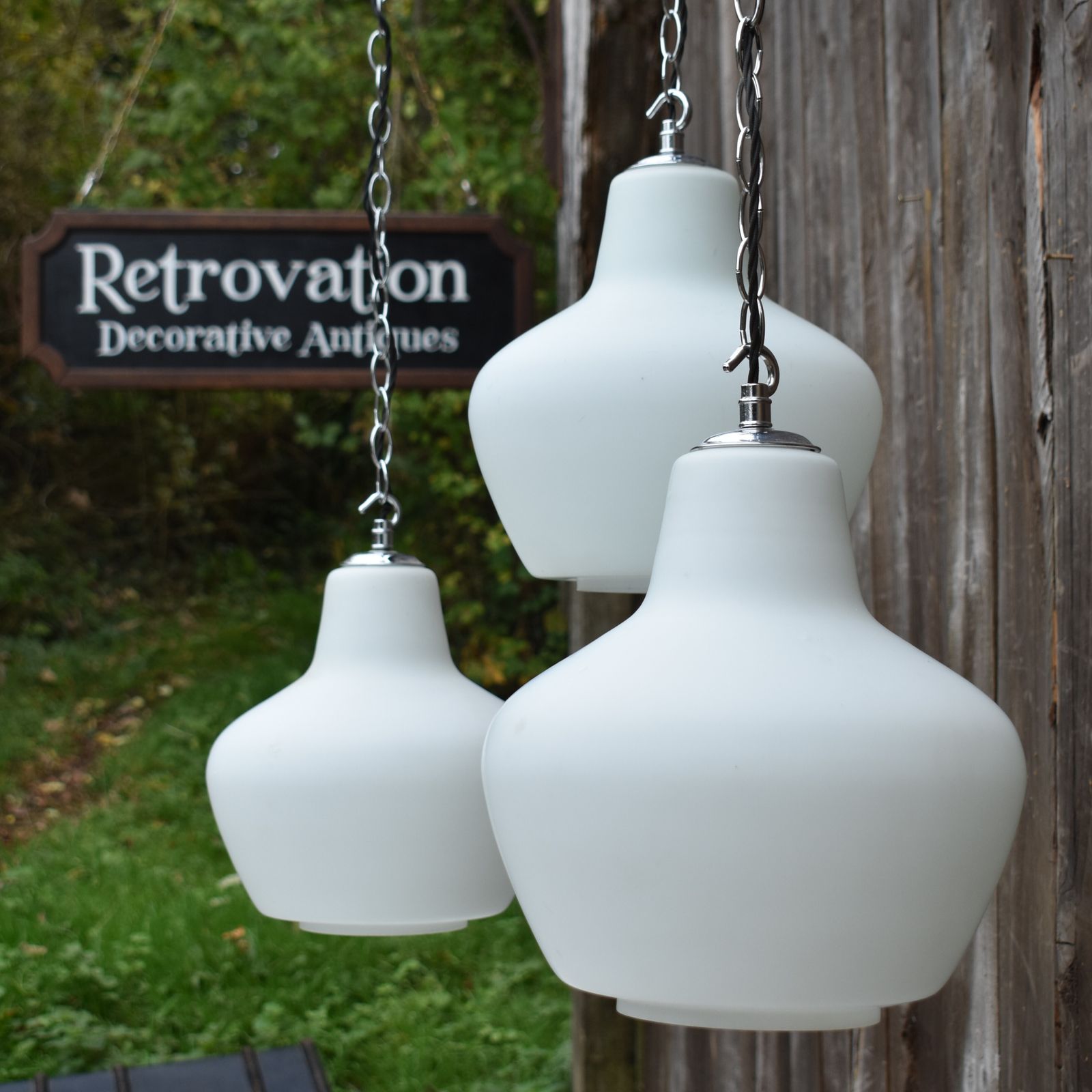 Antique Early 20th Century Three Opaline Glass Chapel Church Pendant Light
