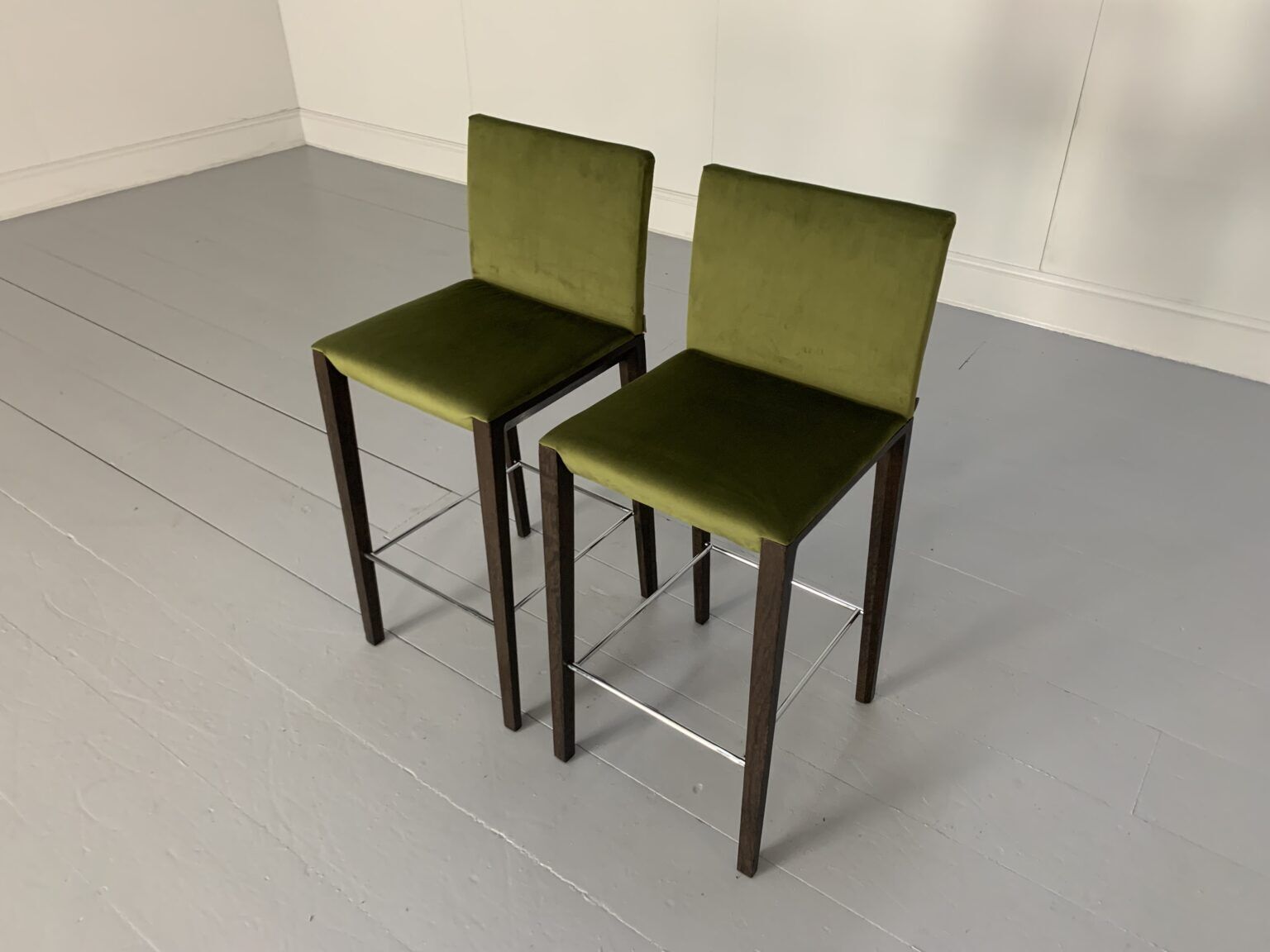 Pair Of Walter Knoll “Andoo” Bar Stools – In Green Velvet & Walnut photo furniture