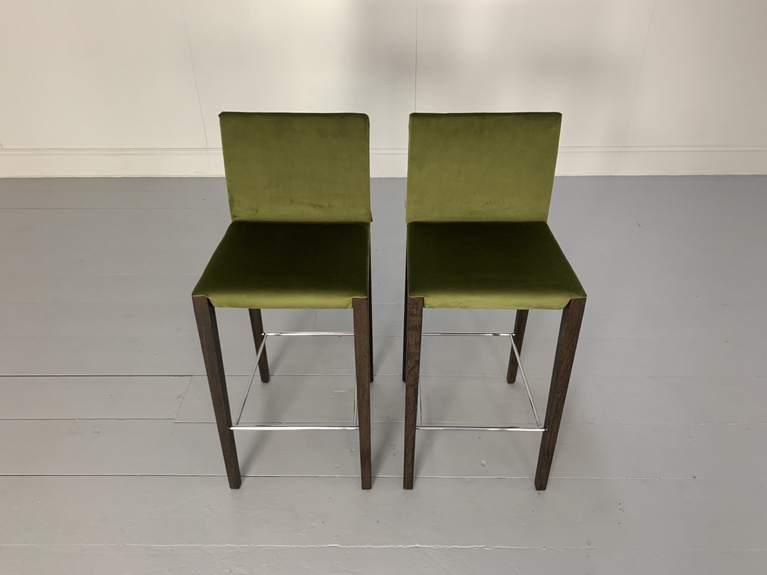 Pair Of Walter Knoll “Andoo” Bar Stools – In Green Velvet & Walnut photo for sale