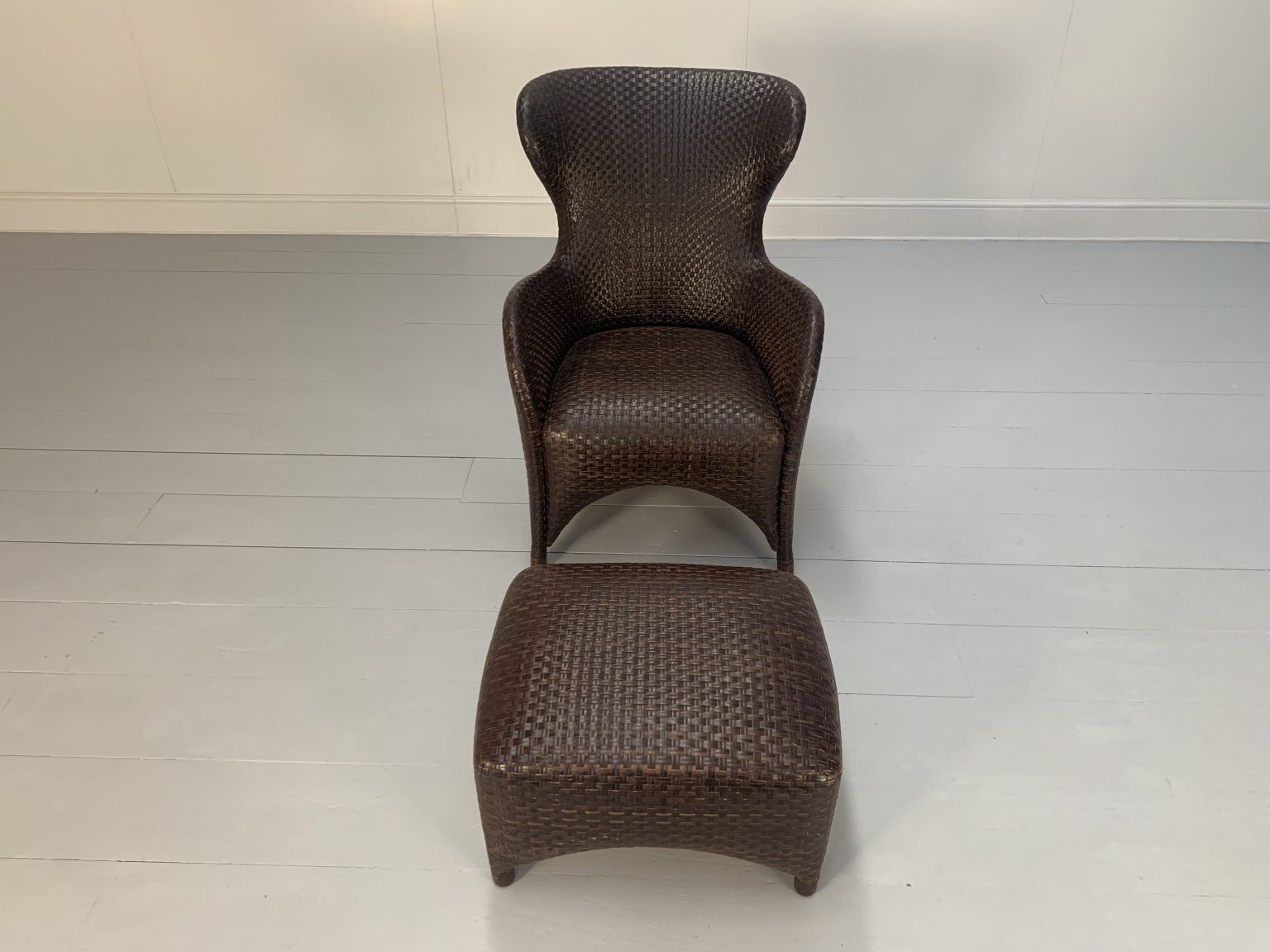 Rare Woven Leather Armchair & Footstool – In Brown Leather photo for sale