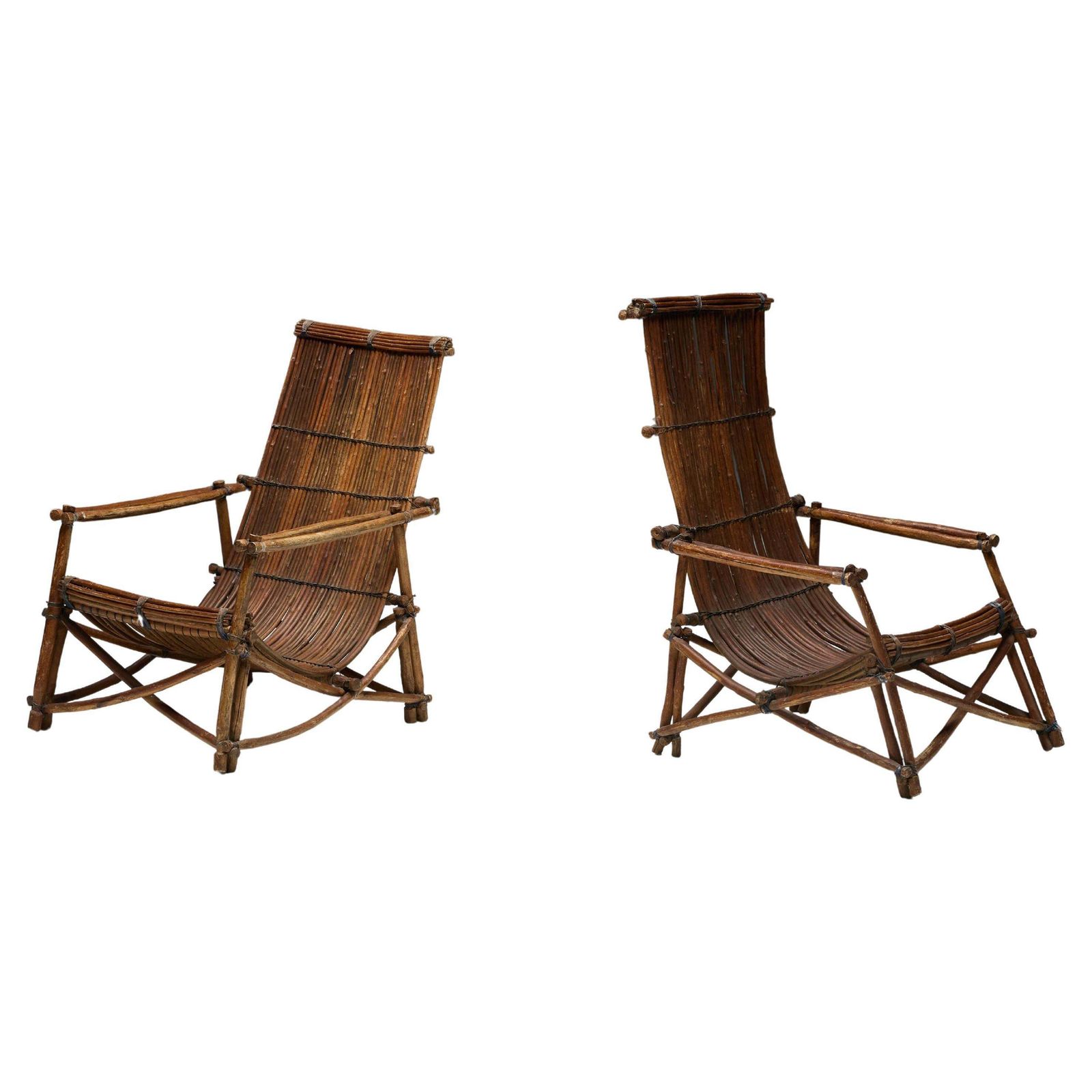 Rustic Reclining Chairs In Handcrafted Wicker, France, 1950s