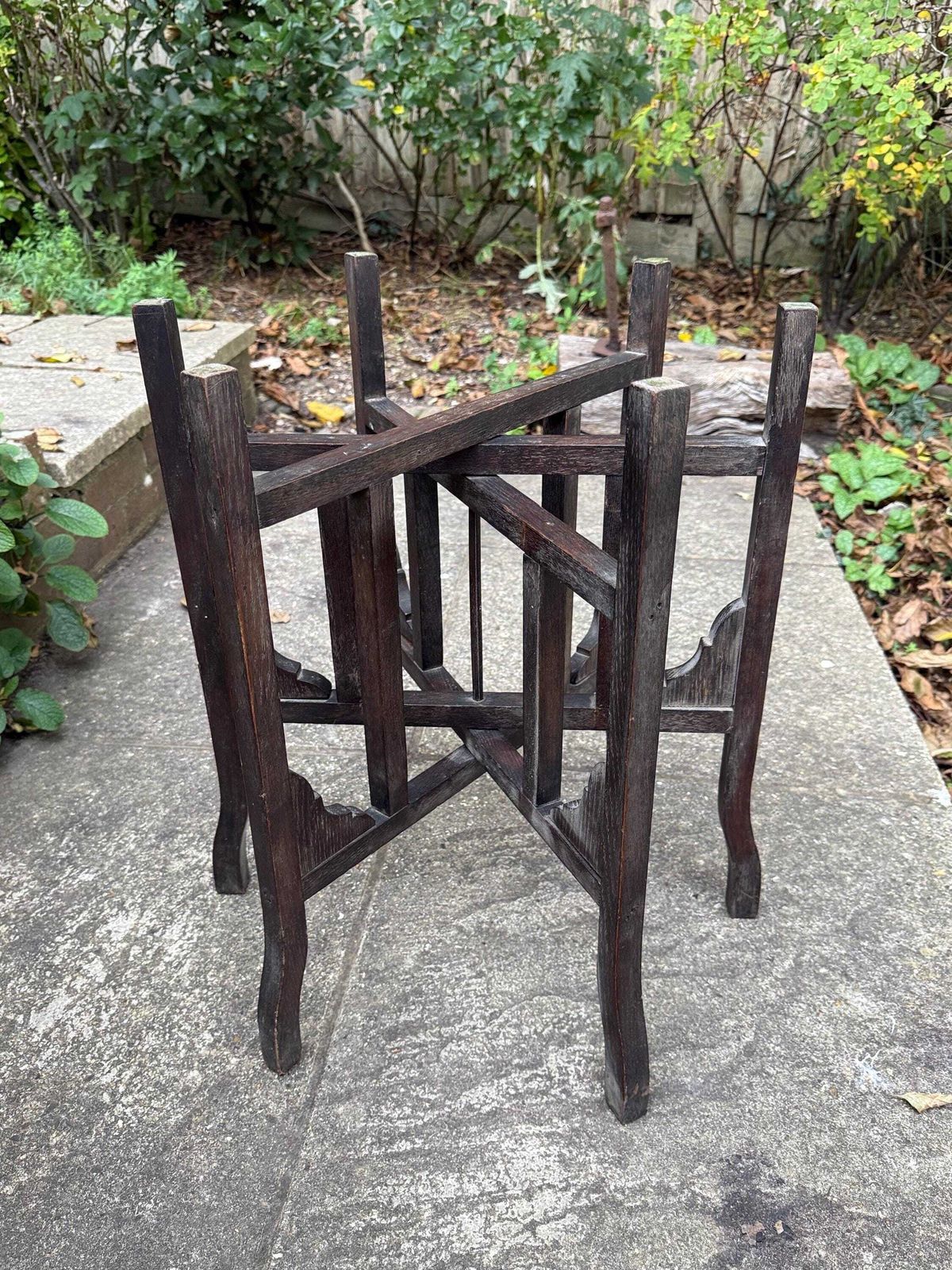photo furniture Antique 1920s Folding Brass Tray Table | Hand Etched Middle Eastern Table, Carved Hardwood Base, Moorish Style, Plant Stand, Plant Table