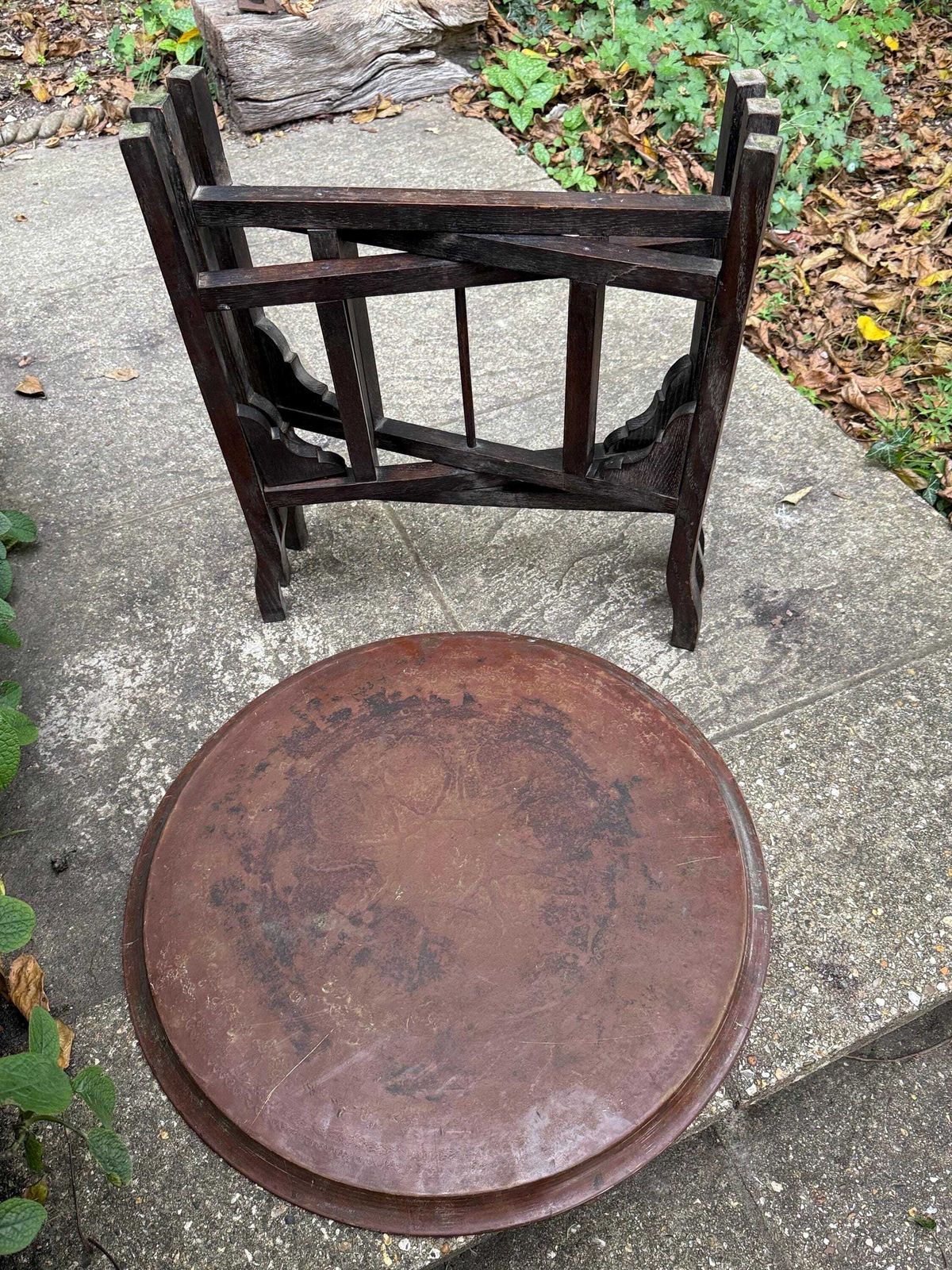 photo for sale Antique 1920s Folding Brass Tray Table | Hand Etched Middle Eastern Table, Carved Hardwood Base, Moorish Style, Plant Stand, Plant Table