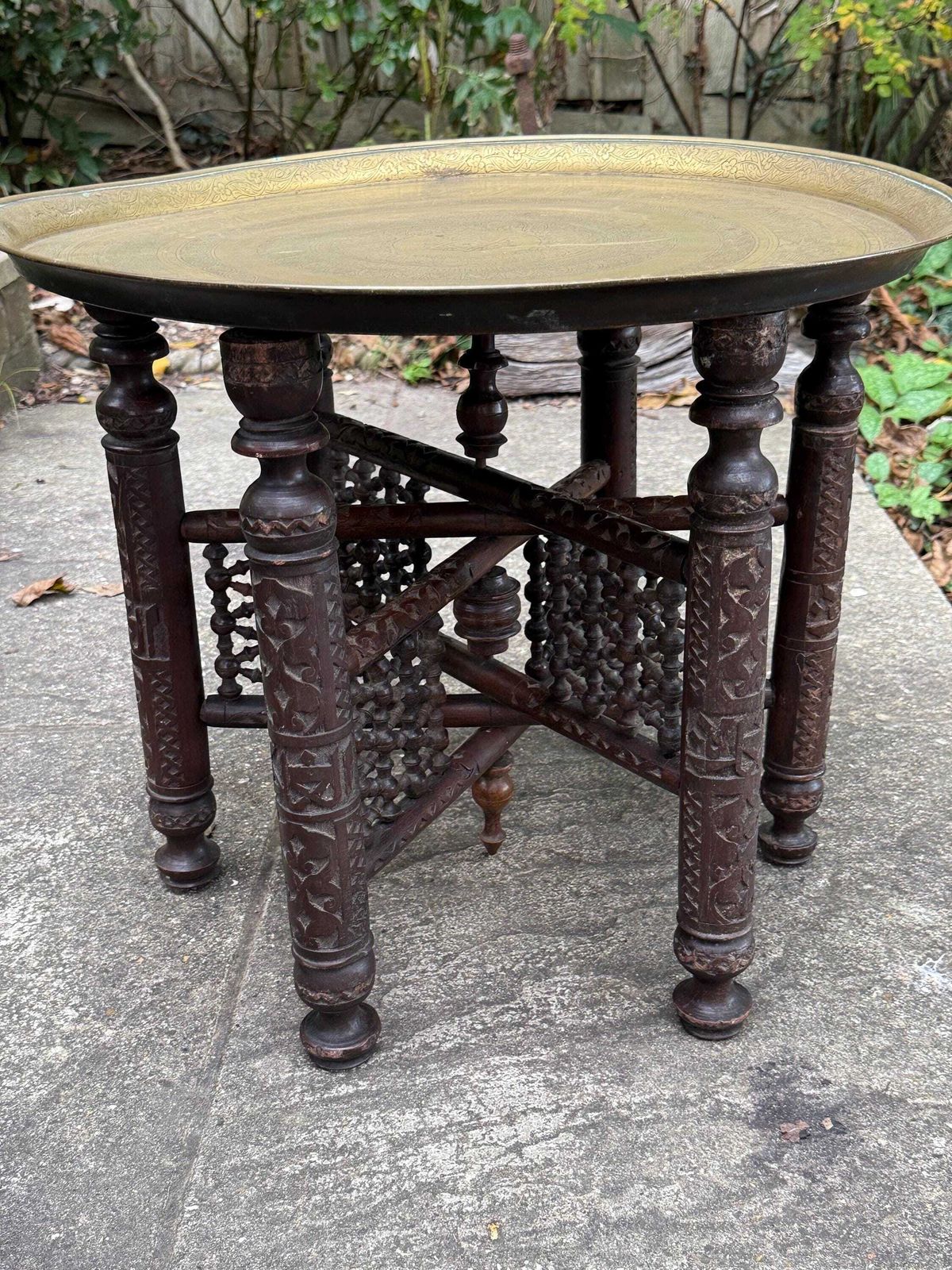 Antique Anglo Indian Brass Tray Table, Benares Table, Hand Carved Moorish Base, Folding Hardwood Stand, Etched Brass photo furniture