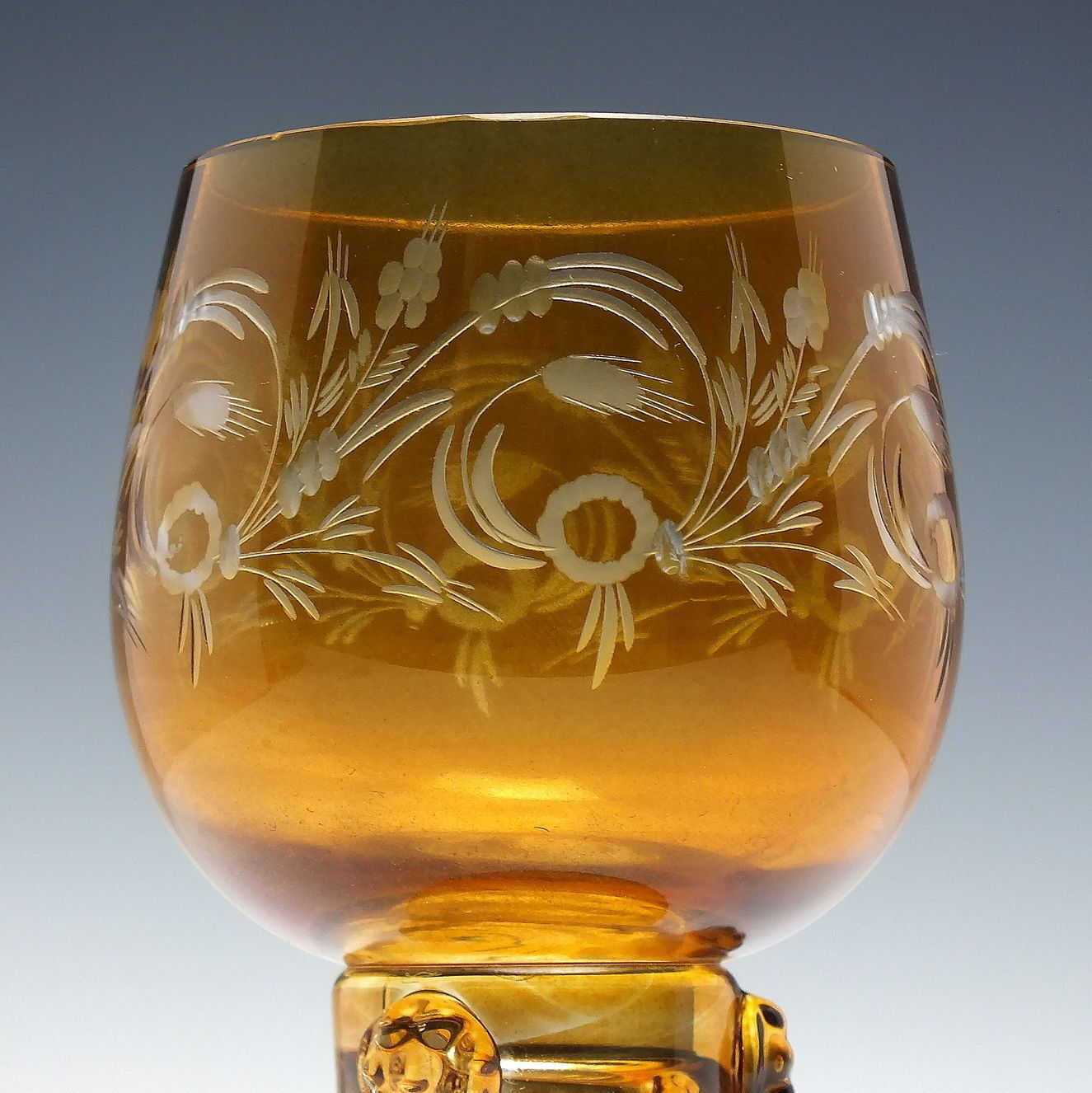 Six Antique Bohemian Engraved Amber Wine Glass Roemers C1900 photo for sale
