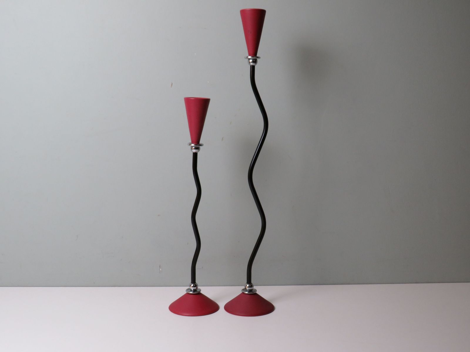 Pair Of Memphis Style Candleholders, Ceramic And Metal With Chrome Details, 1980s Postmodern Design photo for sale