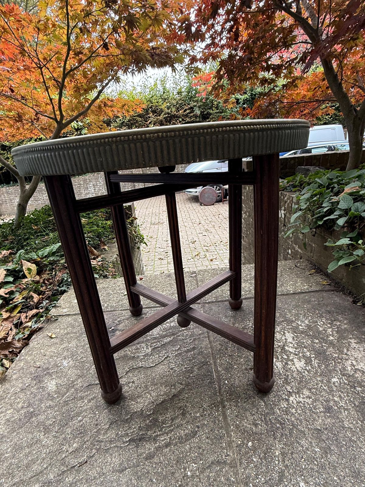 Antique 1920s Anglo Indian Brass Tray Table | Carved Hardwood Base, Folding Stand, Hand Etched Moroccan Style, Benares 1900s Folding Table photo 275.0