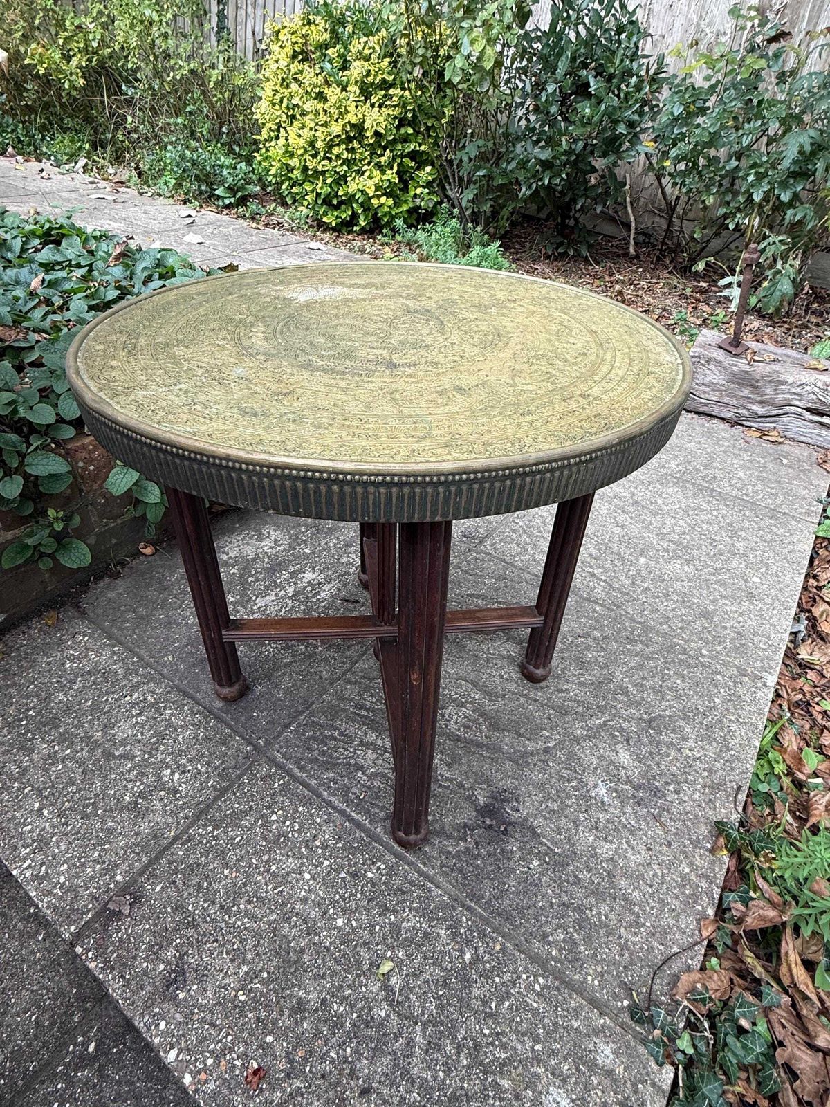 Antique 1920s Anglo Indian Brass Tray Table | Carved Hardwood Base, Folding Stand, Hand Etched Moroccan Style, Benares 1900s Folding Table photo buy