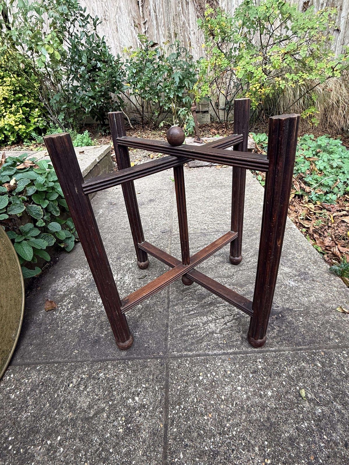 photo furniture Antique 1920s Anglo Indian Brass Tray Table | Carved Hardwood Base, Folding Stand, Hand Etched Moroccan Style, Benares 1900s Folding Table