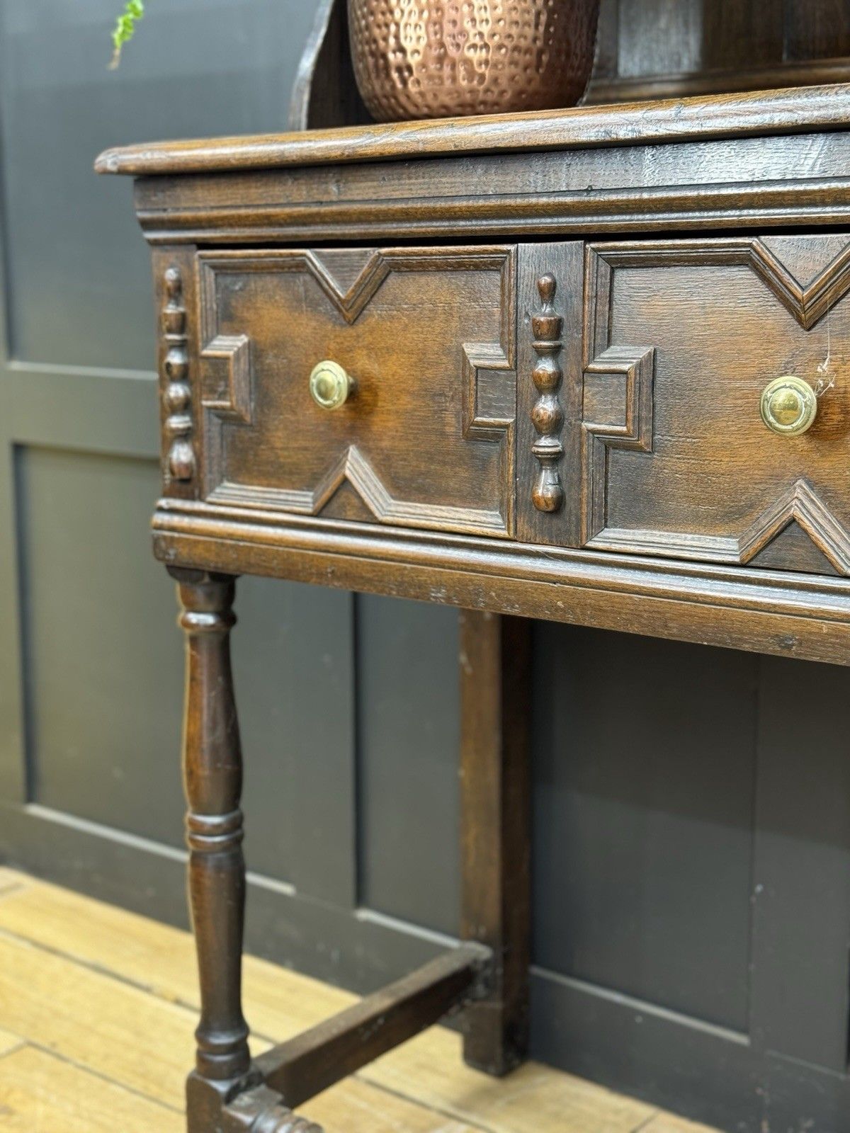 Antique Oak Welsh Dresser – Solid English Oak Farmhouse Sideboard Display Rack photo for sale