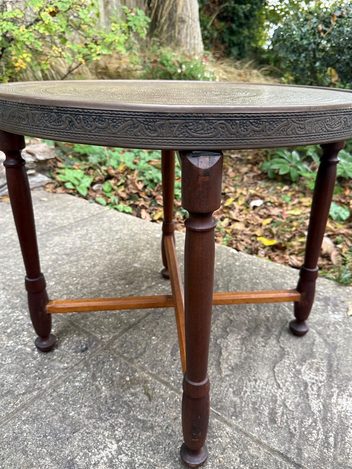 Antique Early/Mid 1900s Anglo Indian Brass Tray Table, Benares Table, Hand Etched Brass Tabletop, Turned Wooden Base, Folding Cross Leg photo Furniture