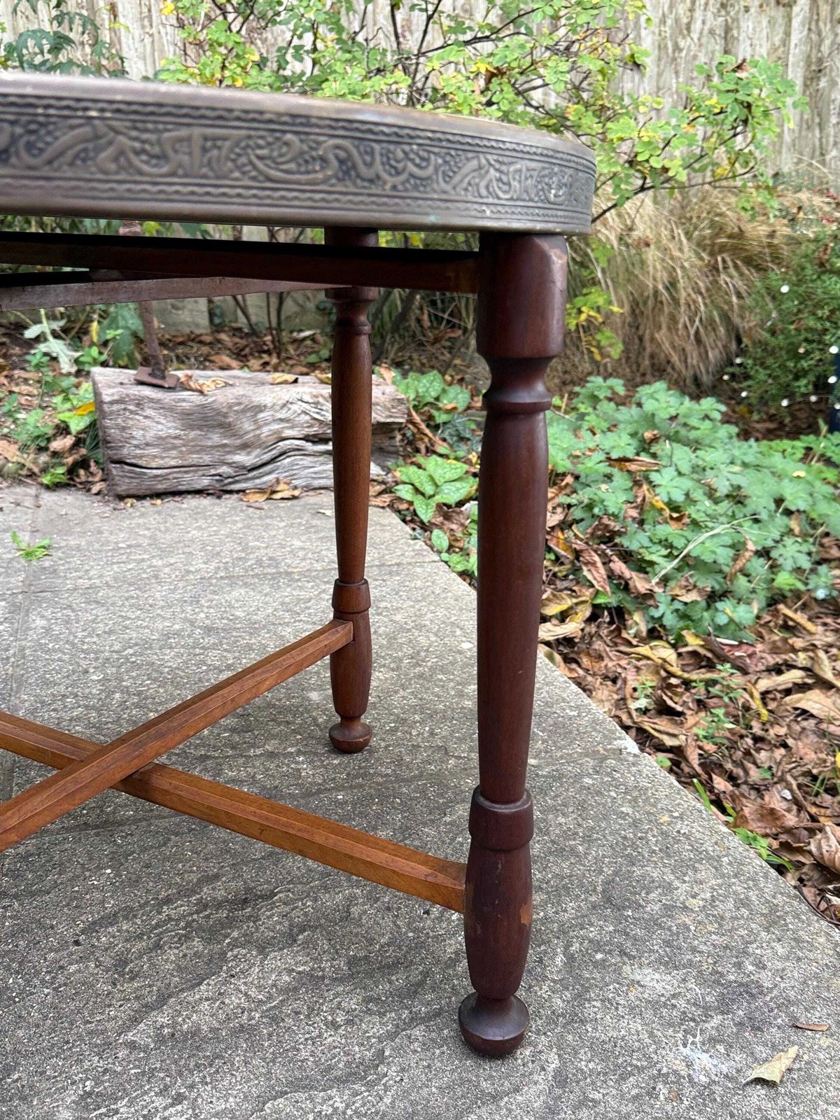 Antique Early/Mid 1900s Anglo Indian Brass Tray Table, Benares Table, Hand Etched Brass Tabletop, Turned Wooden Base, Folding Cross Leg photo vintage