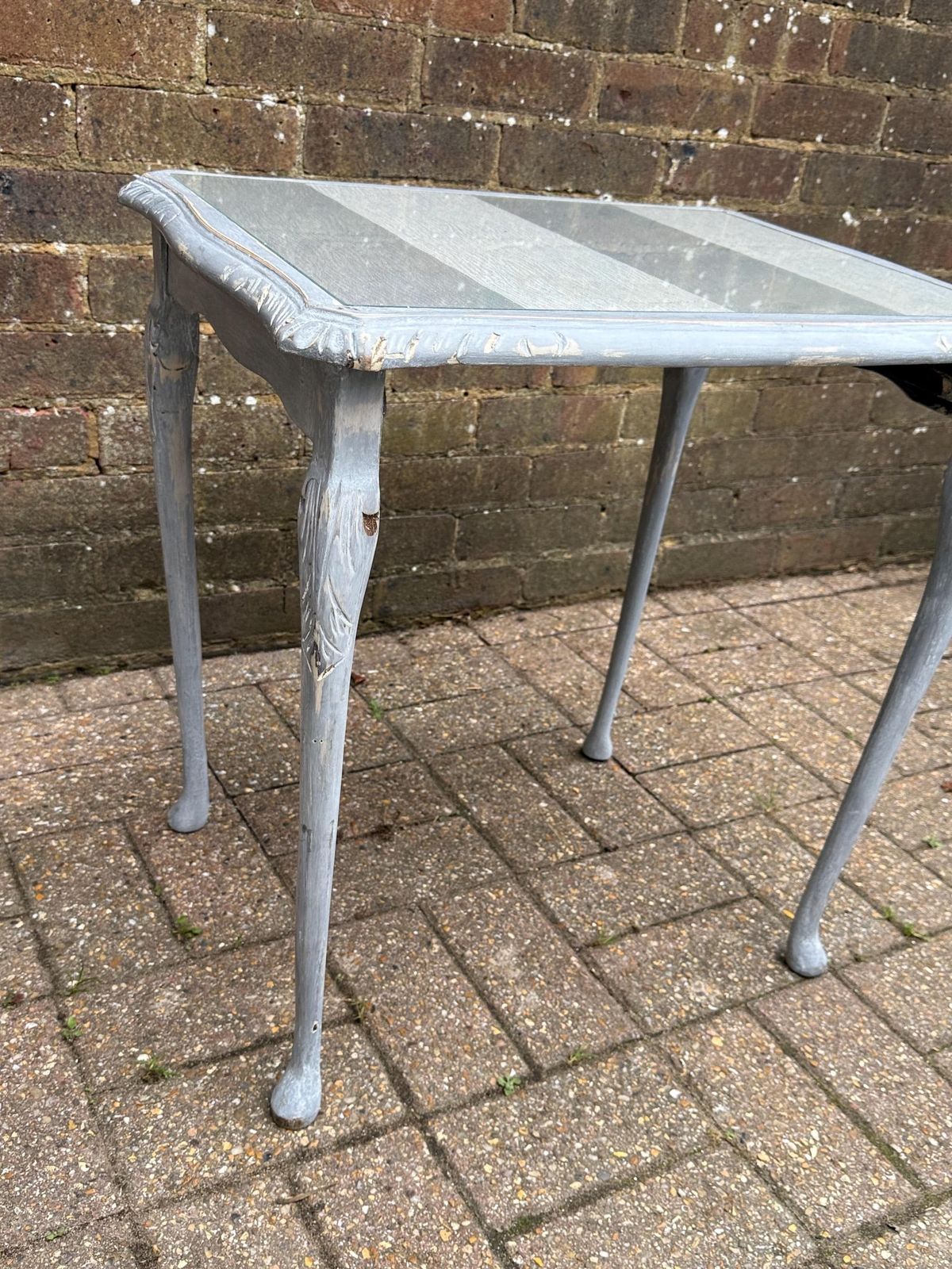 Upcycled Vintage Side Table In Shabby Chic Grey Finish, Glass Top And Changeable Insert Paper; Refurbished Side Table, Vintage Coffee Table photo vintage