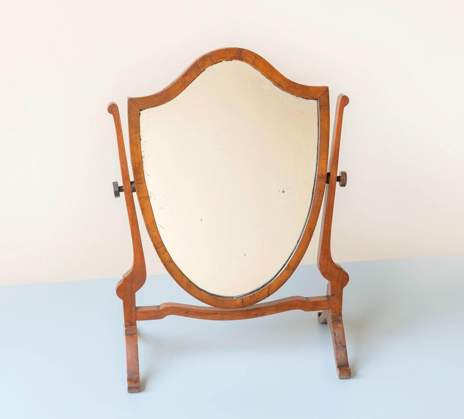 Antique Shield Mirror, English Table Mirror, Mahogany Wooden Frame, Edwardian Standing Mirror, Adjustable Dressing Mirror photo vinterior