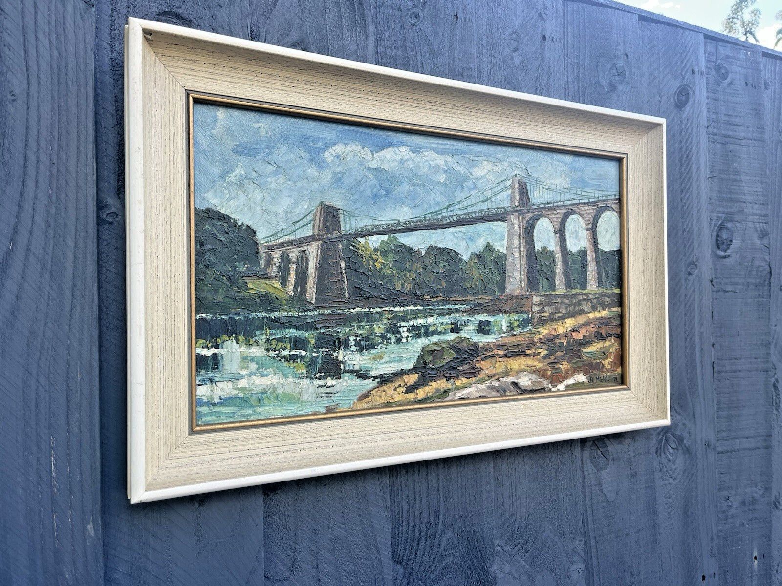 Superb Jill Mickle Framed Oil Painting Menai Straits Suspension Bridge Anglesey photo for sale