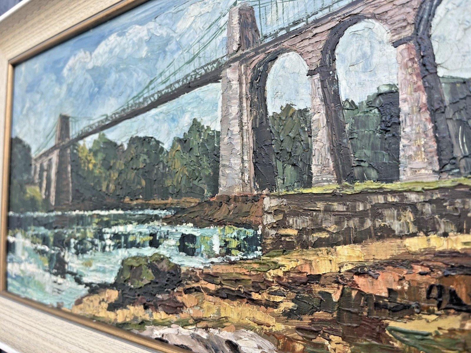 Superb Jill Mickle Framed Oil Painting Menai Straits Suspension Bridge Anglesey photo buy