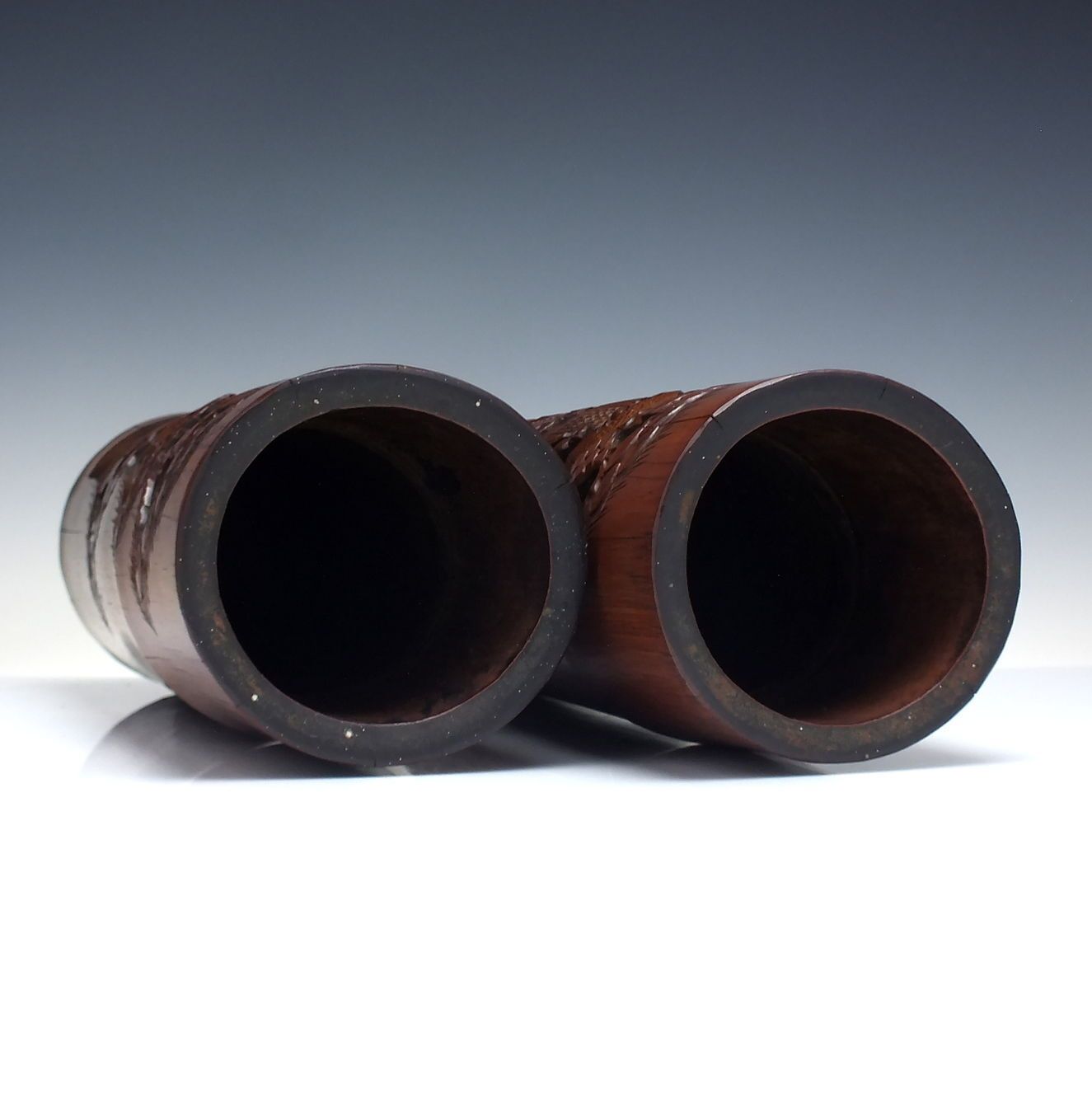 Pair Of Antique Chinese Hand Carved Bamboo Brush Pots Or Vases C1900 photo vinterior