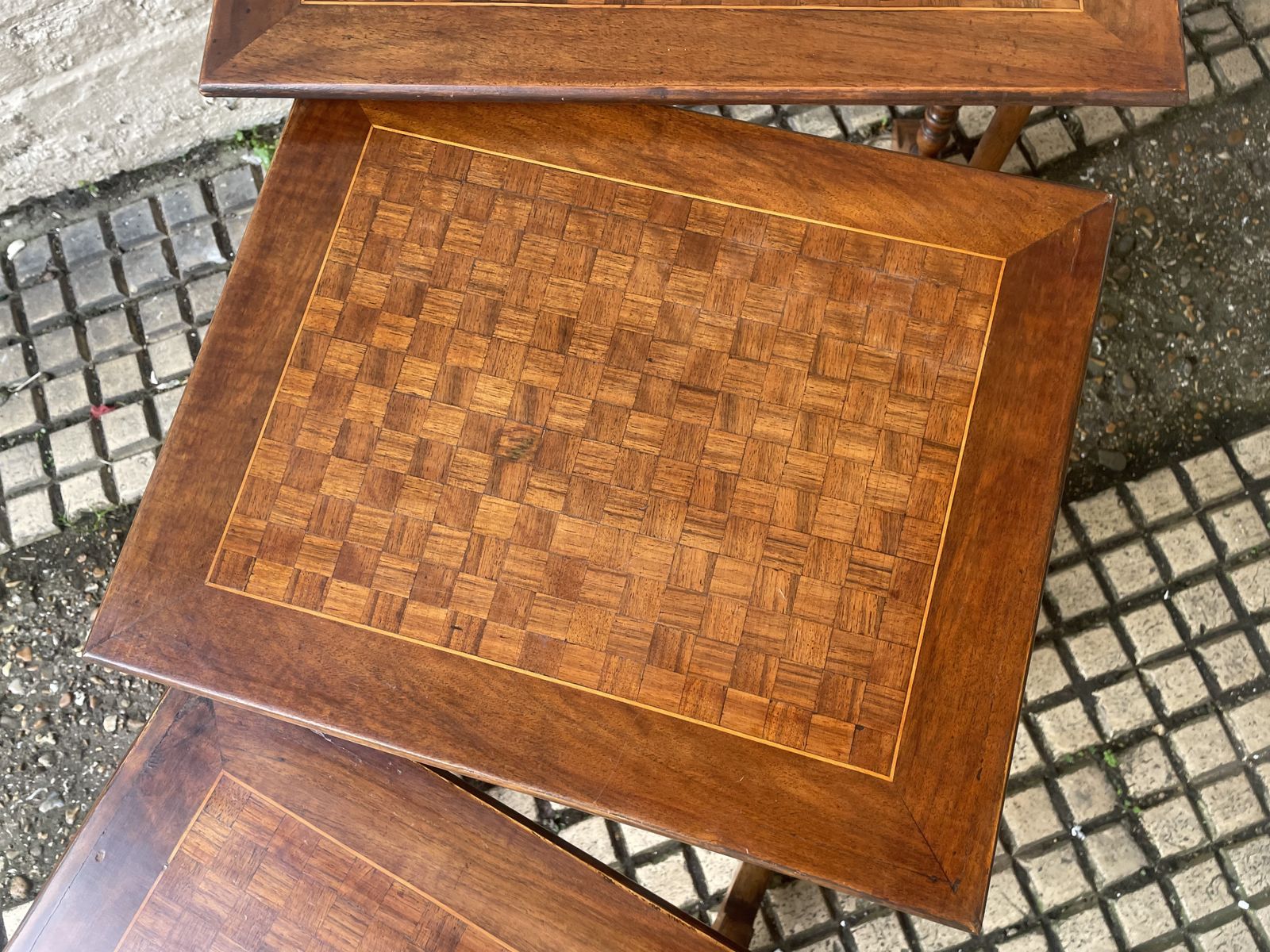 Antique Nest Of 3 Mahogany Tables With Chequered Parquetry Detailing photo vintage