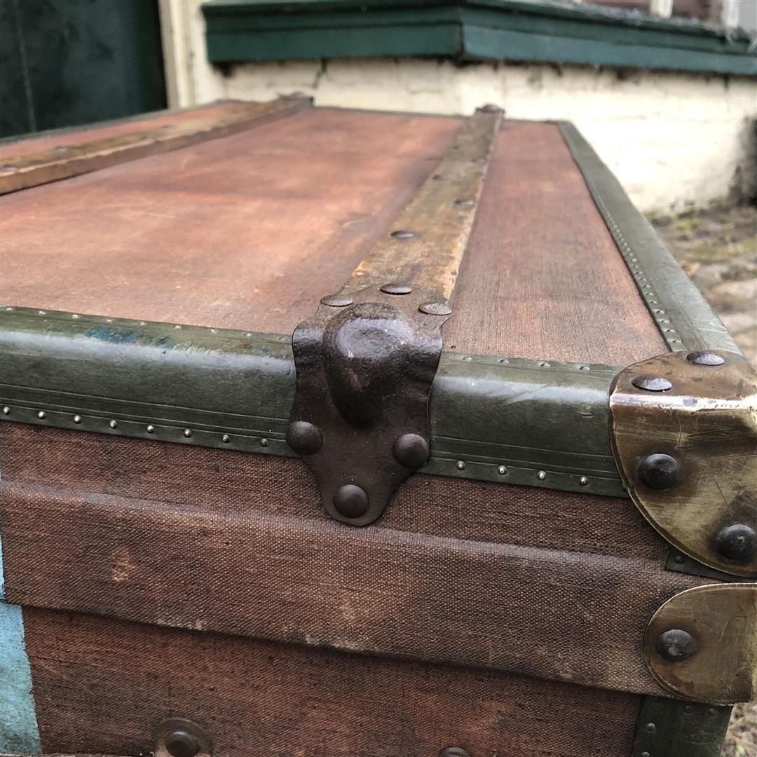 Vintage French Wood, Steel And Canvas Travelling Trunk By A St Hubert 1920s photo Furniture
