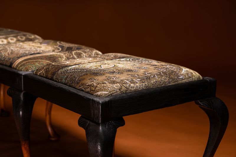 Pinscher Bench – Handcrafted From Queen Anne Chairs With Shou Sugi Ban Finish And Velvet Upholstery. photo for sale