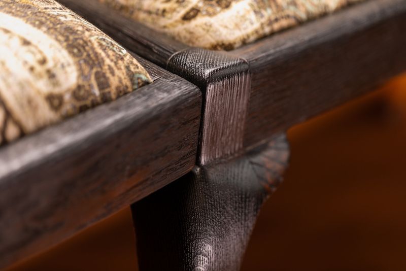 Furniture Pinscher Bench – Handcrafted From Queen Anne Chairs With Shou Sugi Ban Finish And Velvet Upholstery. photo