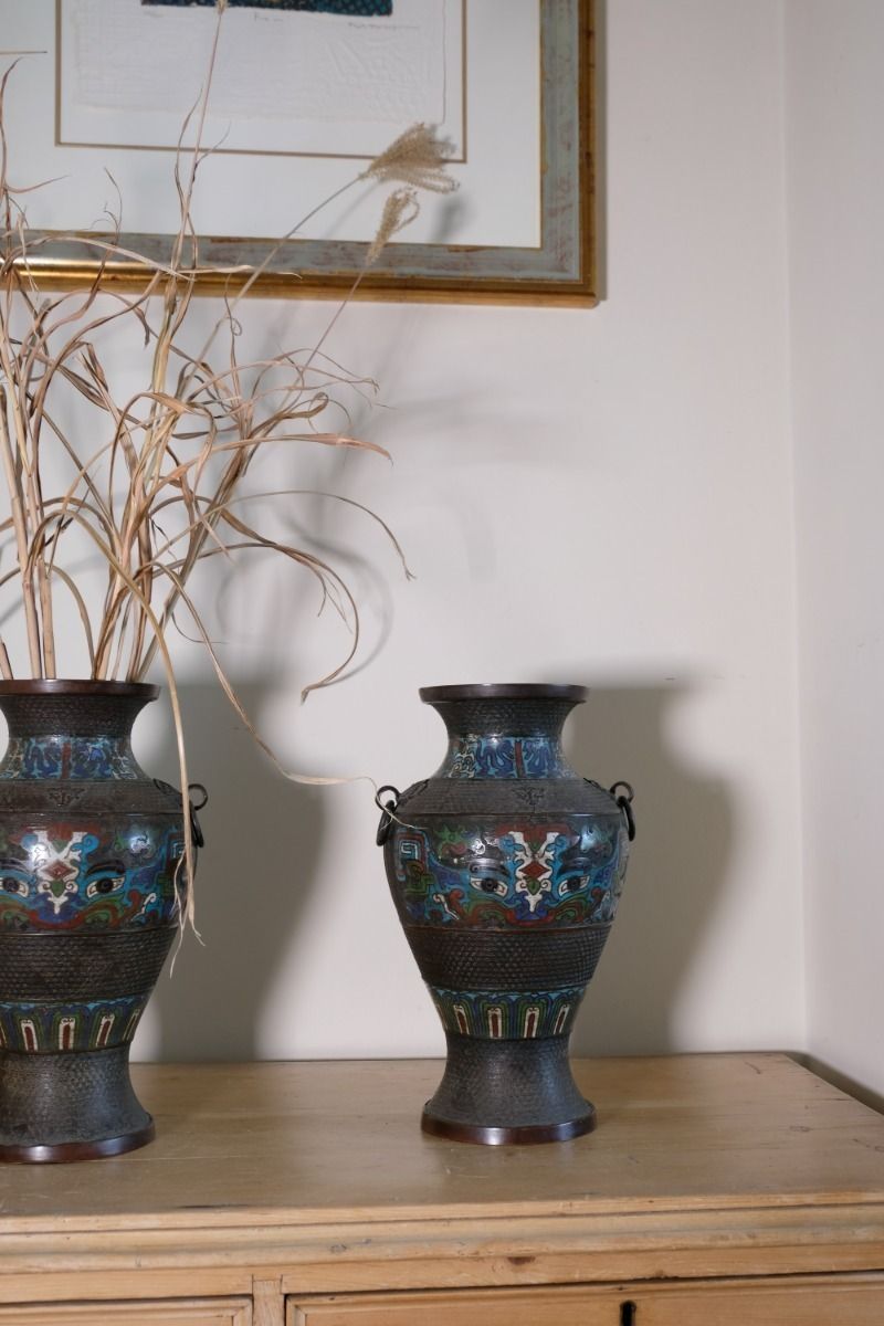 Pair Of Chinese Enamel Bronze Vases With Dragons And Ring Handles photo for sale