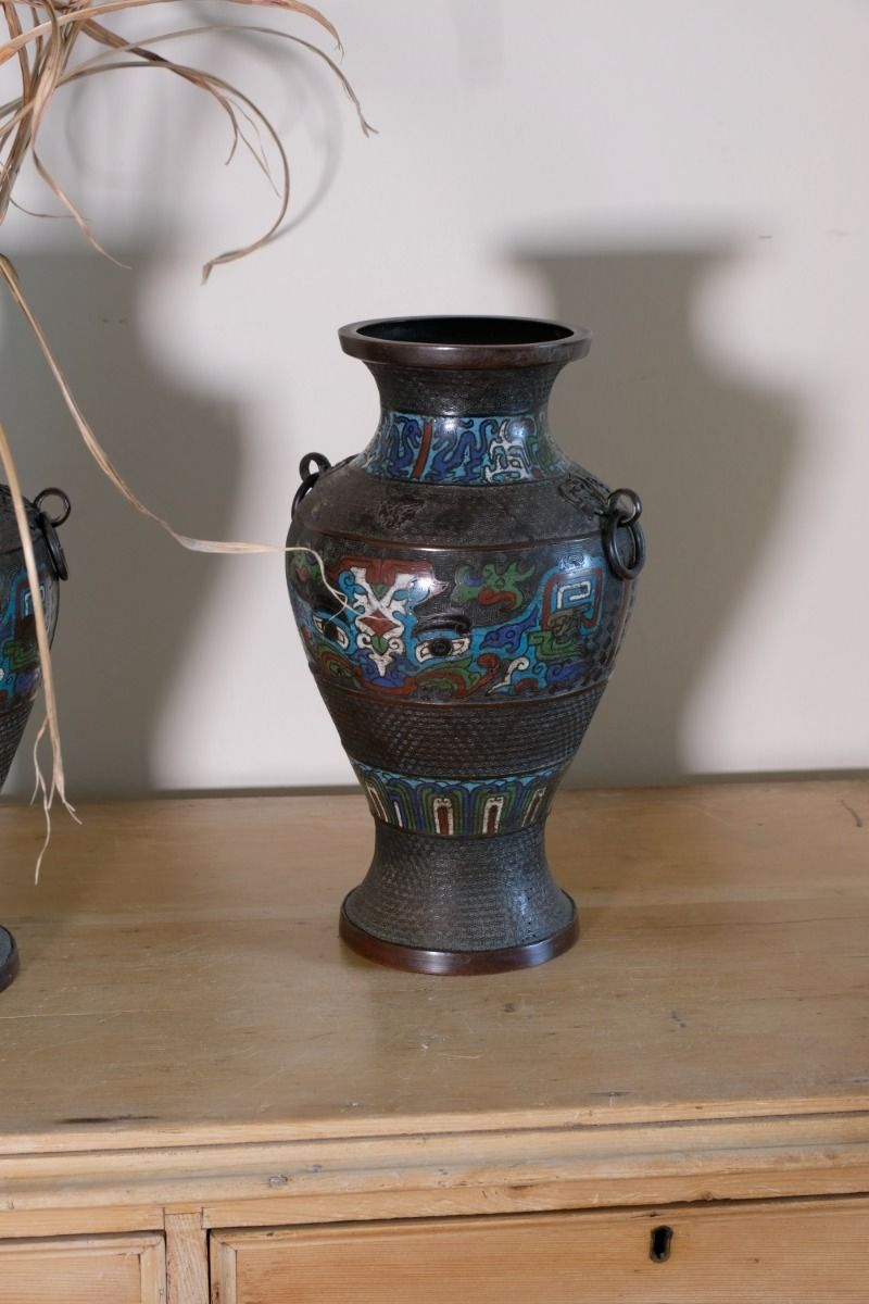photo furniture Pair Of Chinese Enamel Bronze Vases With Dragons And Ring Handles