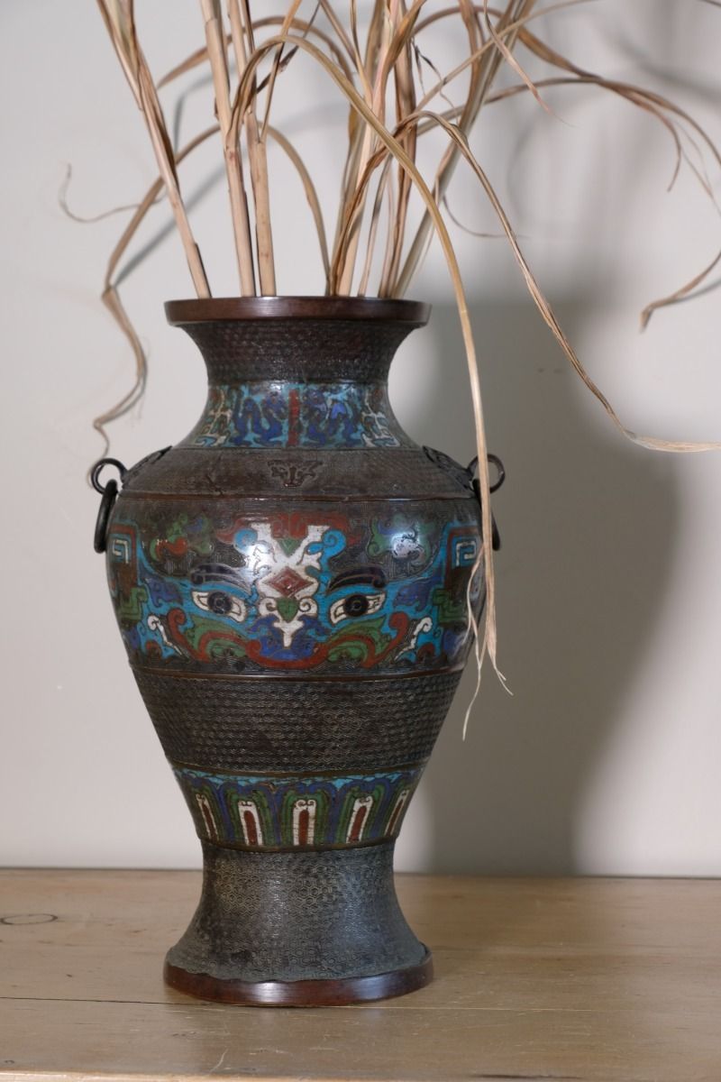 photo for sale Pair Of Chinese Enamel Bronze Vases With Dragons And Ring Handles
