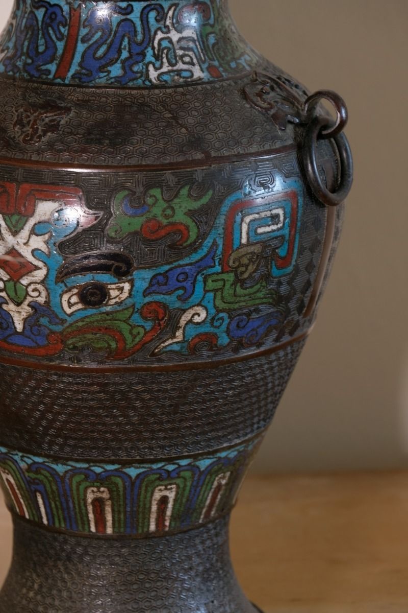 Home Decor Pair Of Chinese Enamel Bronze Vases With Dragons And Ring Handles photo