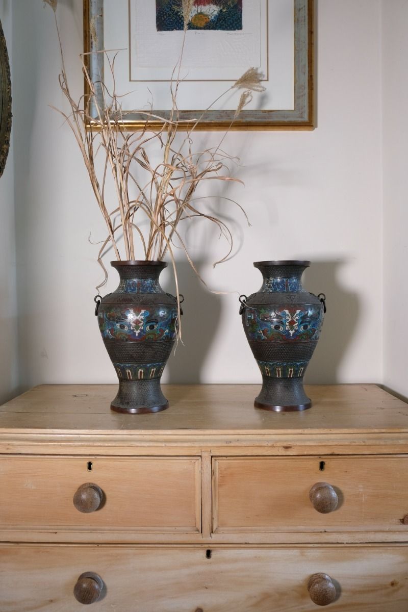 Pair Of Chinese Enamel Bronze Vases With Dragons And Ring Handles