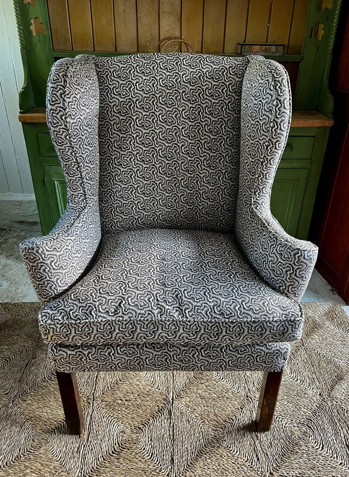 Large Georgian Wingback Armchair, Traditionally Reupholstered In Squiggle/Seaweed Dark Blue & Natural Linwood Fabric. photo vintage