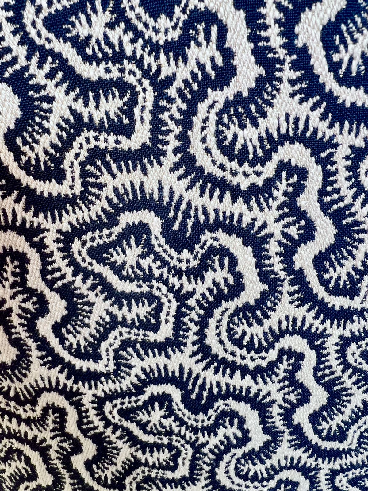 photo buy Large Georgian Wingback Armchair, Traditionally Reupholstered In Squiggle/Seaweed Dark Blue & Natural Linwood Fabric.