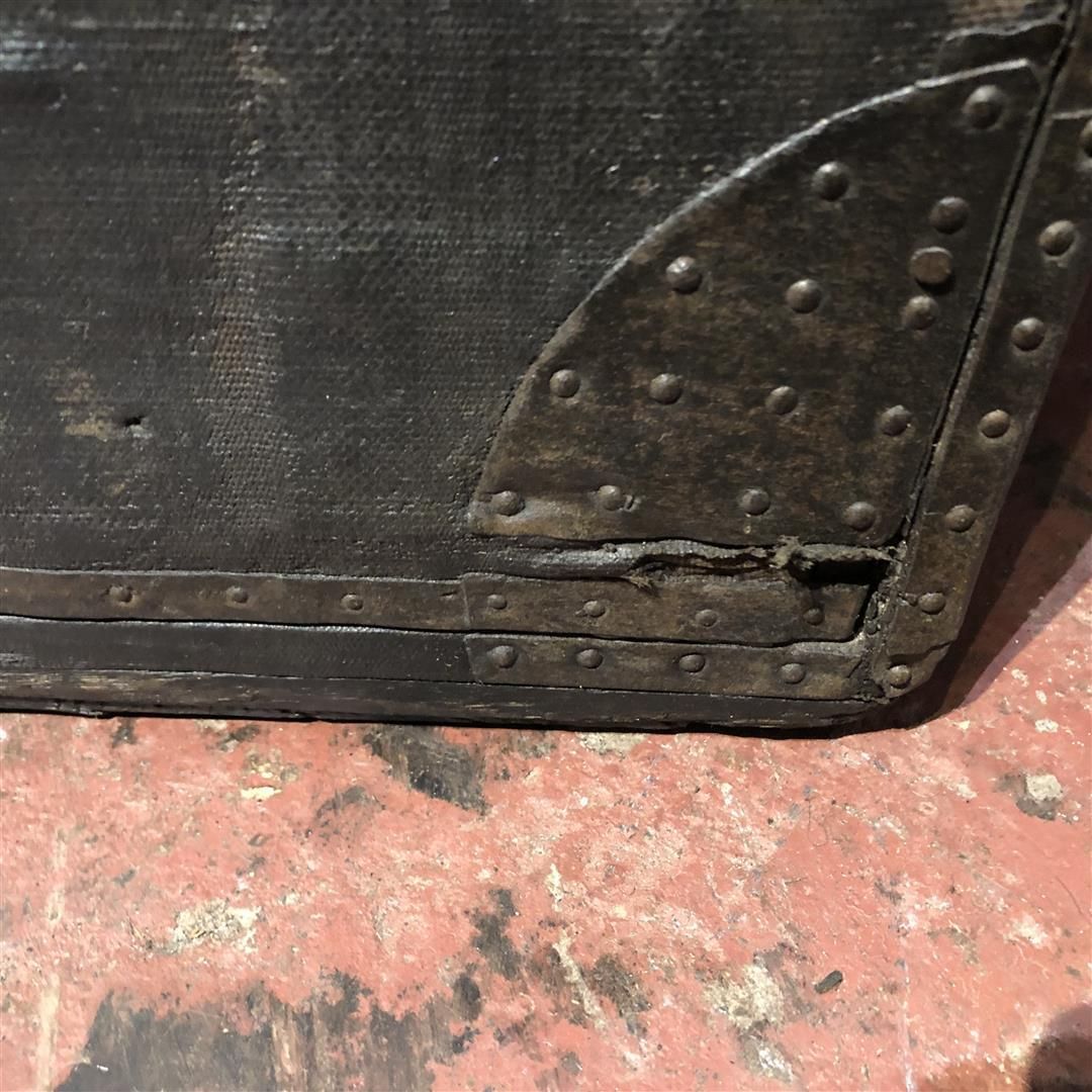 Large Antique French Steamer Trunk Black Canvas And Wood 1910s photo Furniture