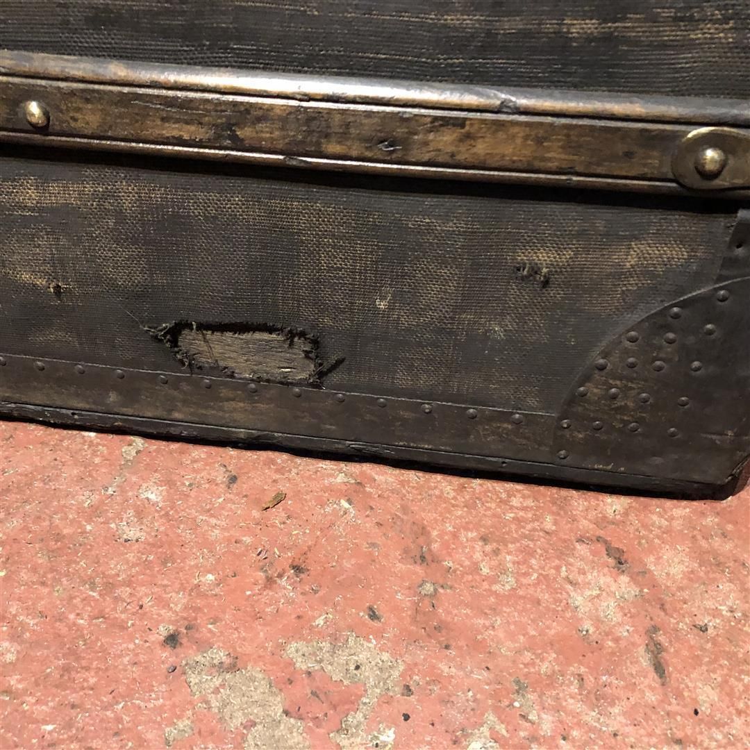 Large Antique French Steamer Trunk Black Canvas And Wood 1910s photo vinterior