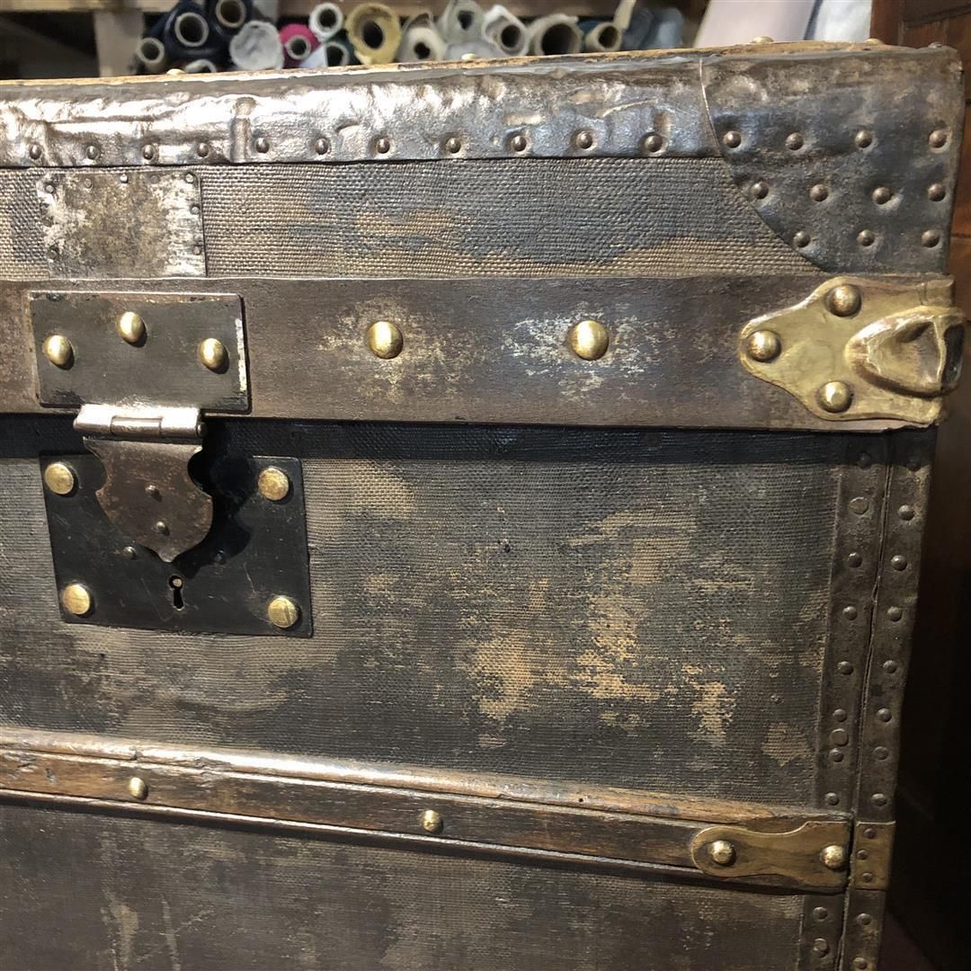 photo for sale Large Antique French Steamer Trunk Black Canvas And Wood 1910s