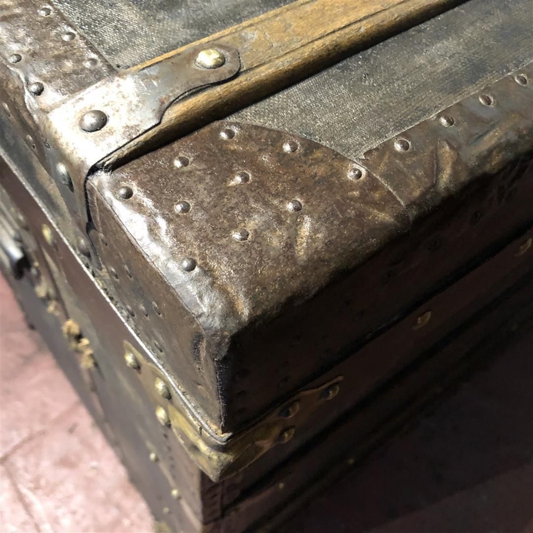 photo buy Large Antique French Steamer Trunk Black Canvas And Wood 1910s