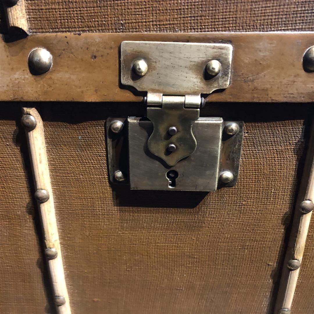 photo for sale Small Vintage Wooden Travel Trunk Bound In Canvas And Bamboo 1920s
