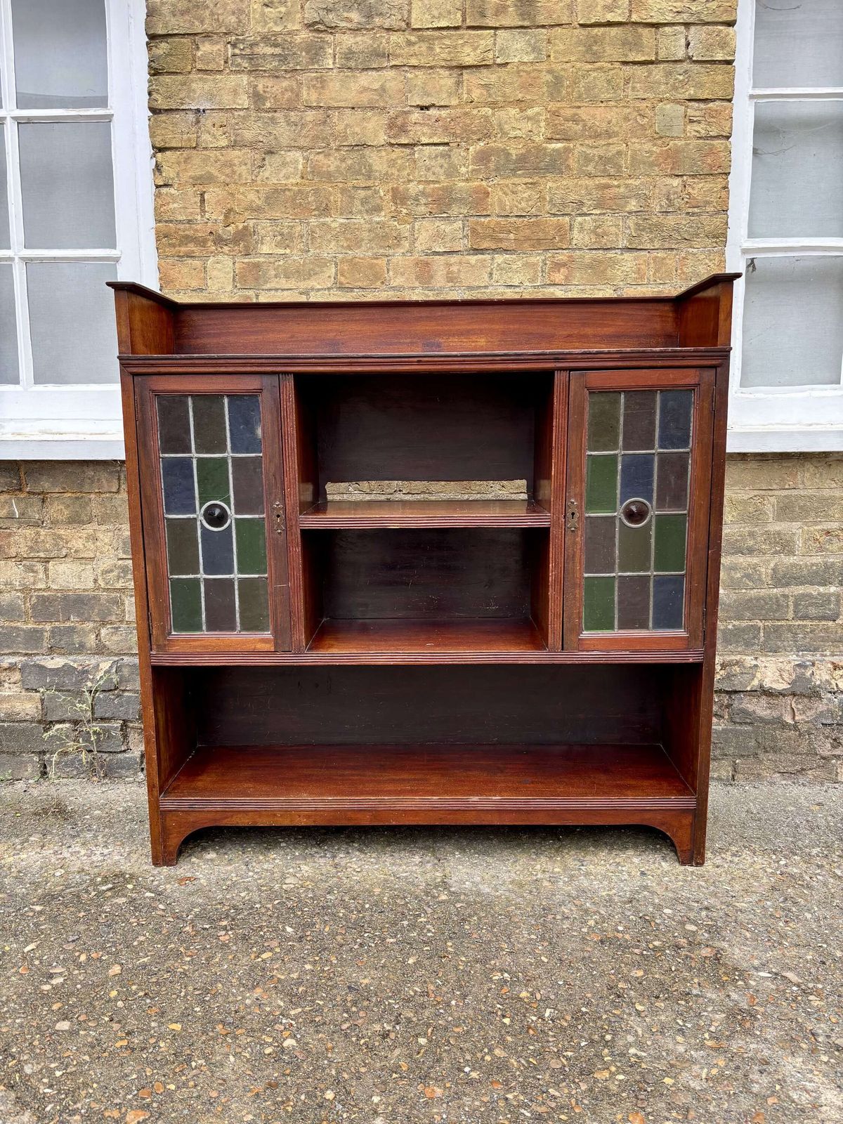 Arts & Crafts Oak Bookcase With Leaded Glass Doors, C.1910