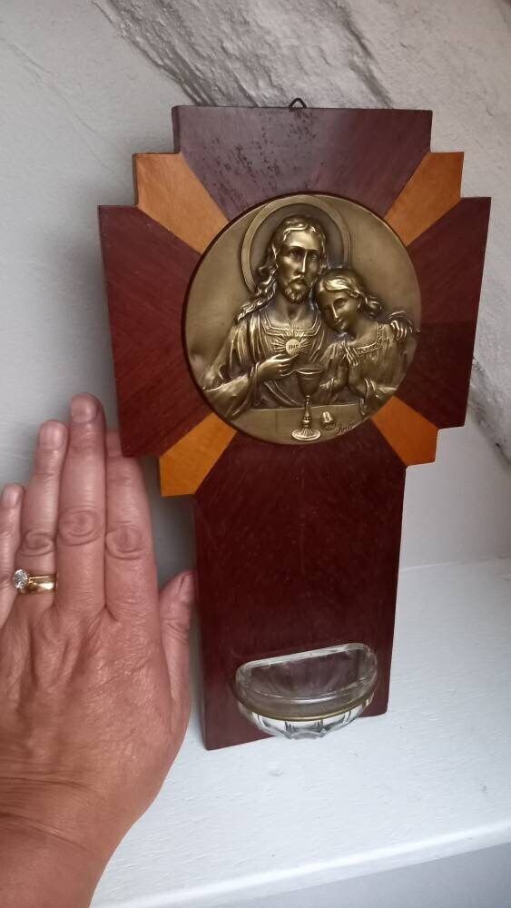 photo furniture Arge Holy Water Font Stoup Signed Vintage French