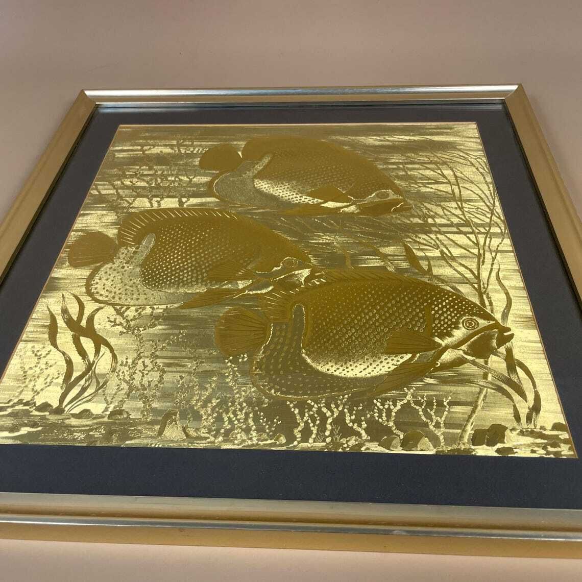 Vintage Gold Embossed Foil Metal Fish Art Framed Tropical Sea Life By J. Hardelin Retro Metallic Wall Art Ocean Theme Etched Metal Framed photo for sale