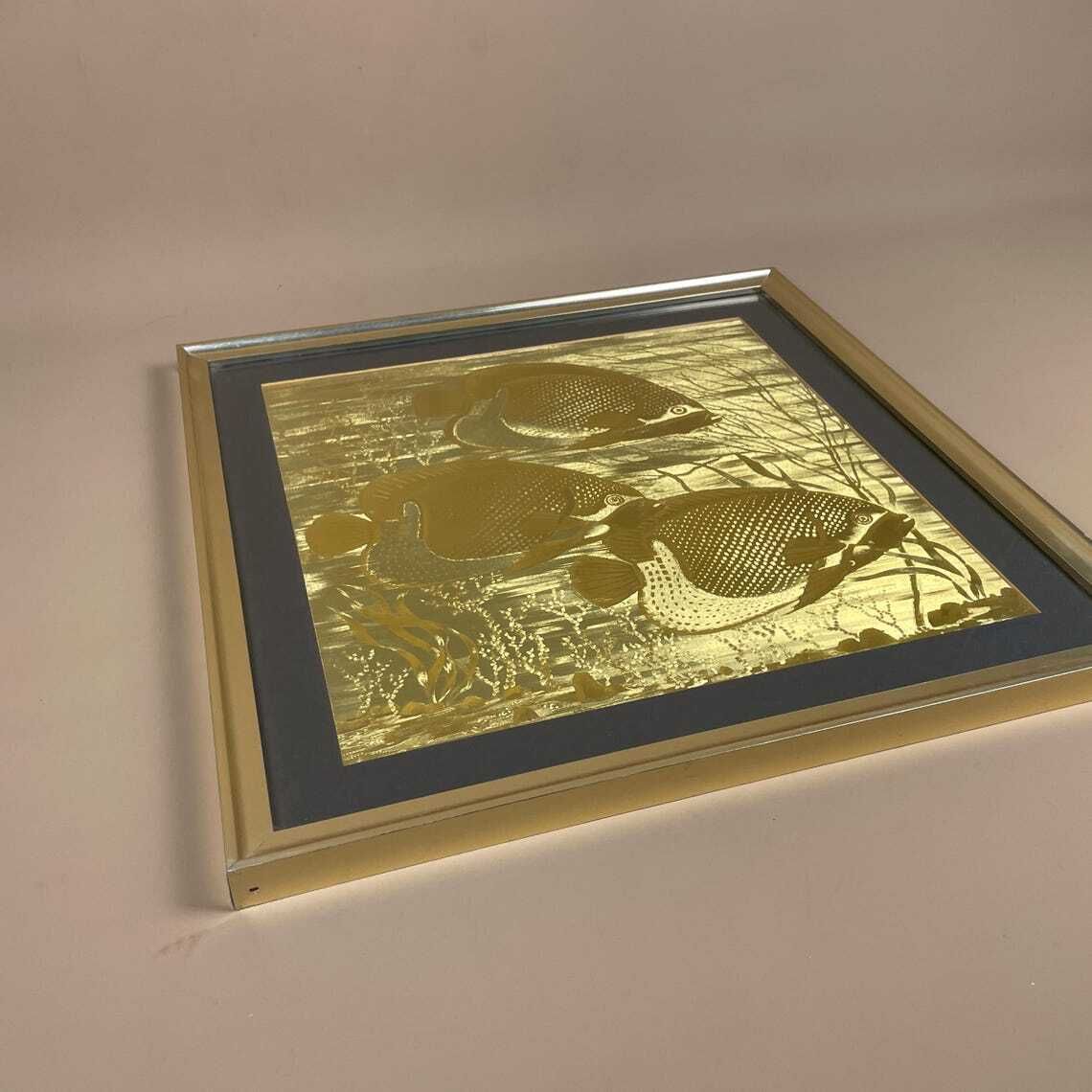 Vintage Gold Embossed Foil Metal Fish Art Framed Tropical Sea Life By J. Hardelin Retro Metallic Wall Art Ocean Theme Etched Metal Framed photo vintage