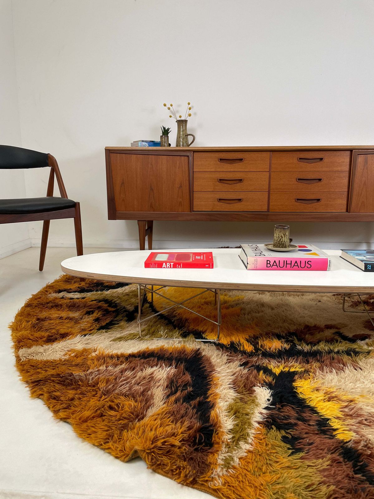 1970s Round Shaggy Rya Rug In Brown Cream Mustard photo buy