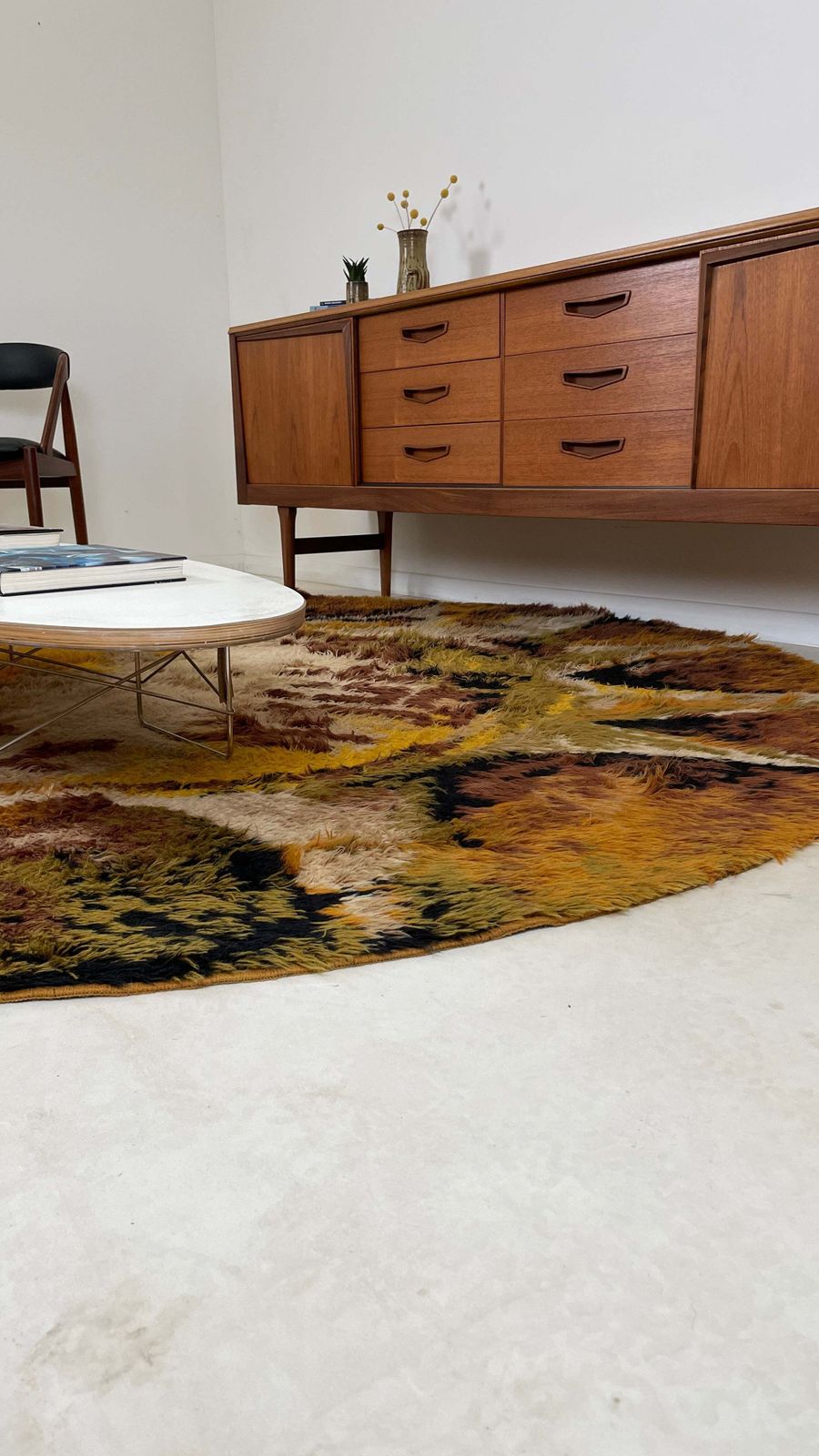 photo for sale 1970s Round Shaggy Rya Rug In Brown Cream Mustard